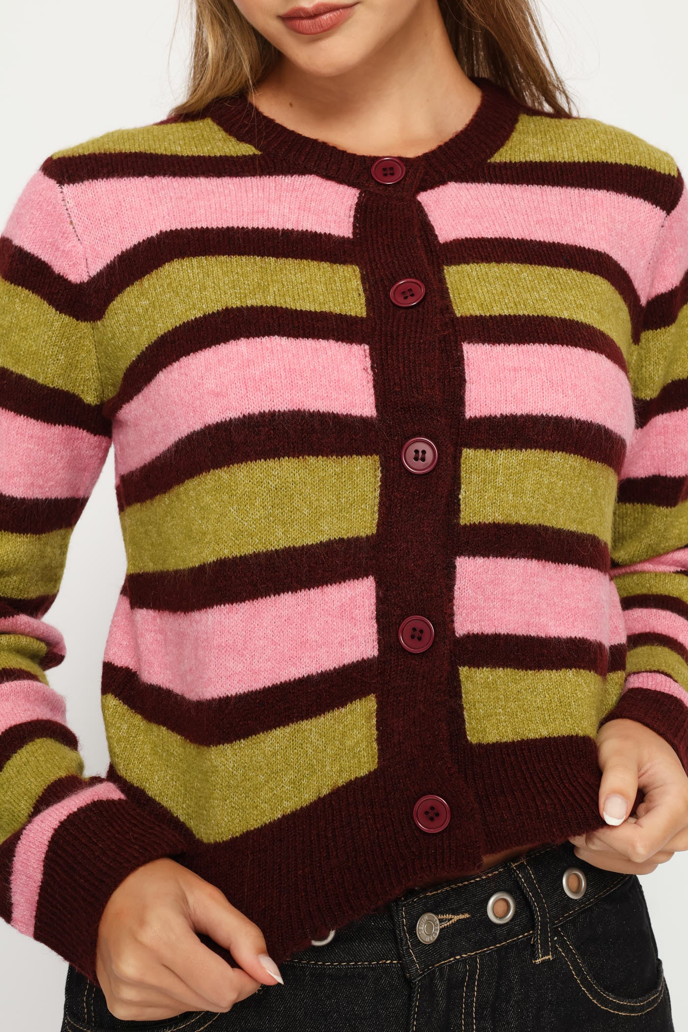 Crew Stripe Cardigan - Burgundy - Image 2