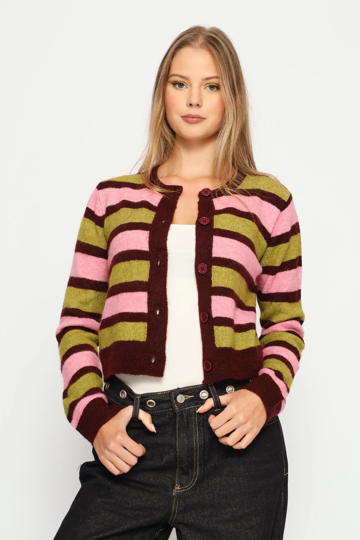 Crew Stripe Cardigan - Burgundy - Image 3