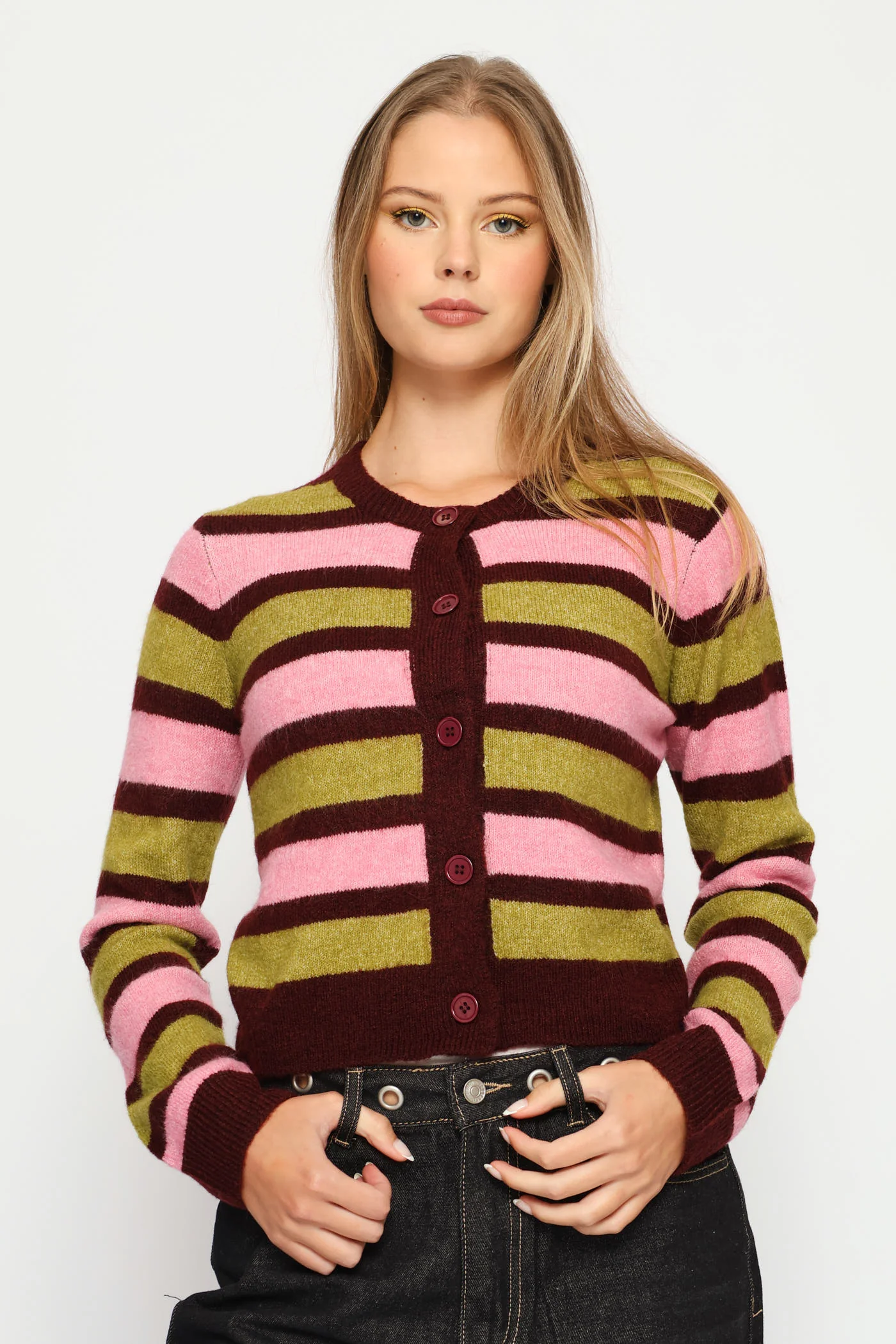 Crew Stripe Cardigan - Burgundy - Image 4