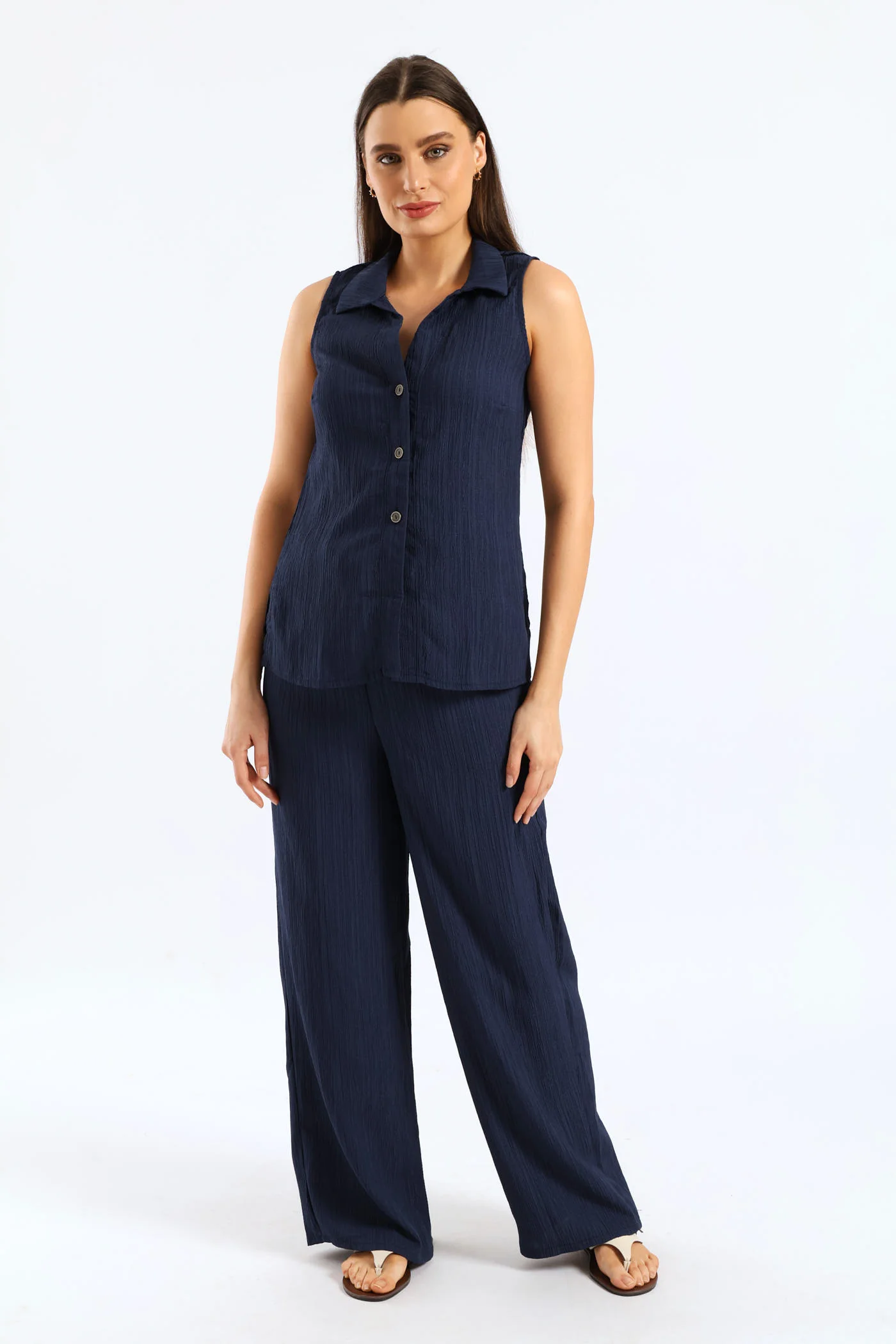 Crinkle Collared Shirt - Navy - Image 2