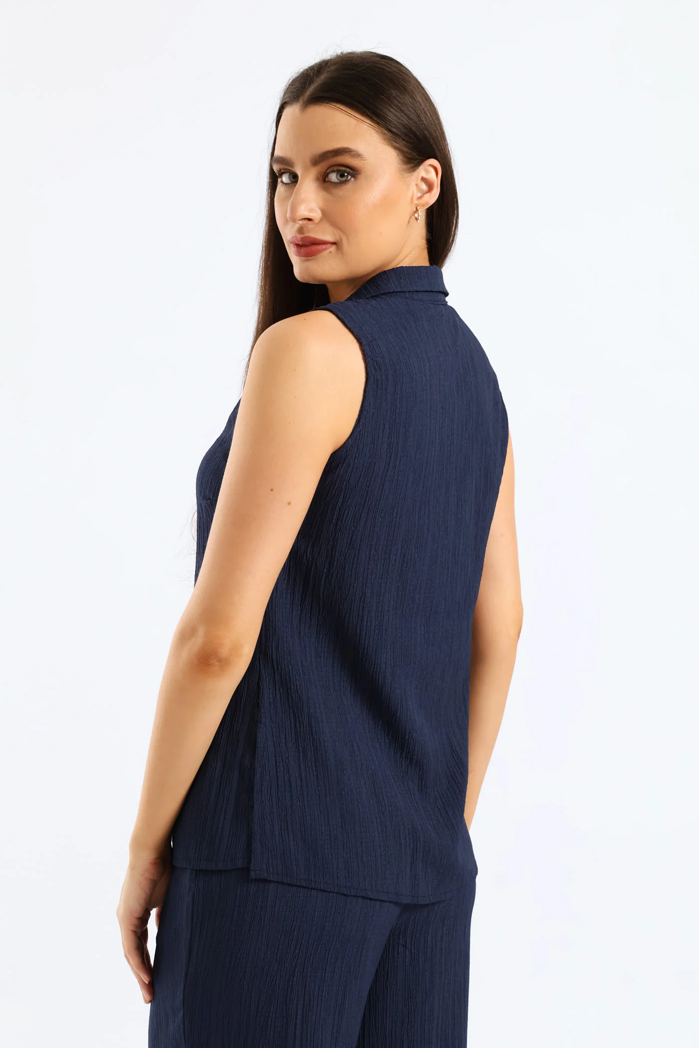 Crinkle Collared Shirt - Navy - Image 4
