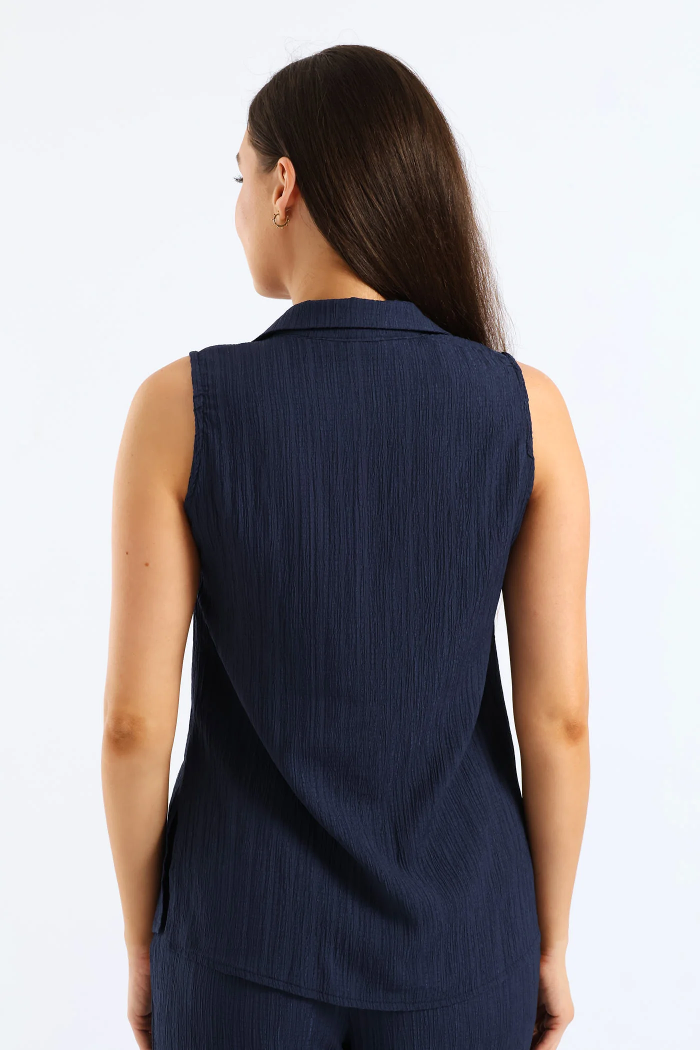 Crinkle Collared Shirt - Navy - Image 5