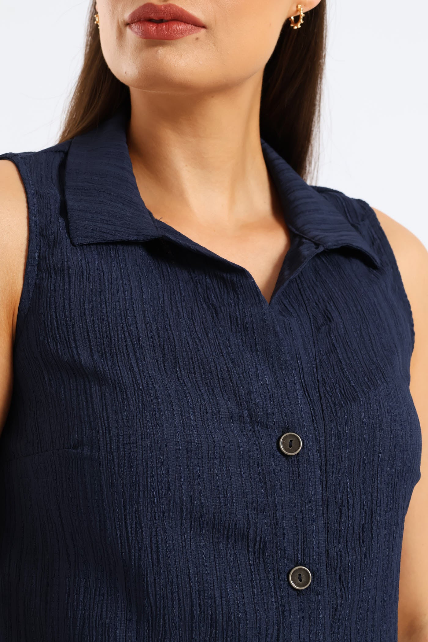 Crinkle Collared Shirt - Navy - Image 6