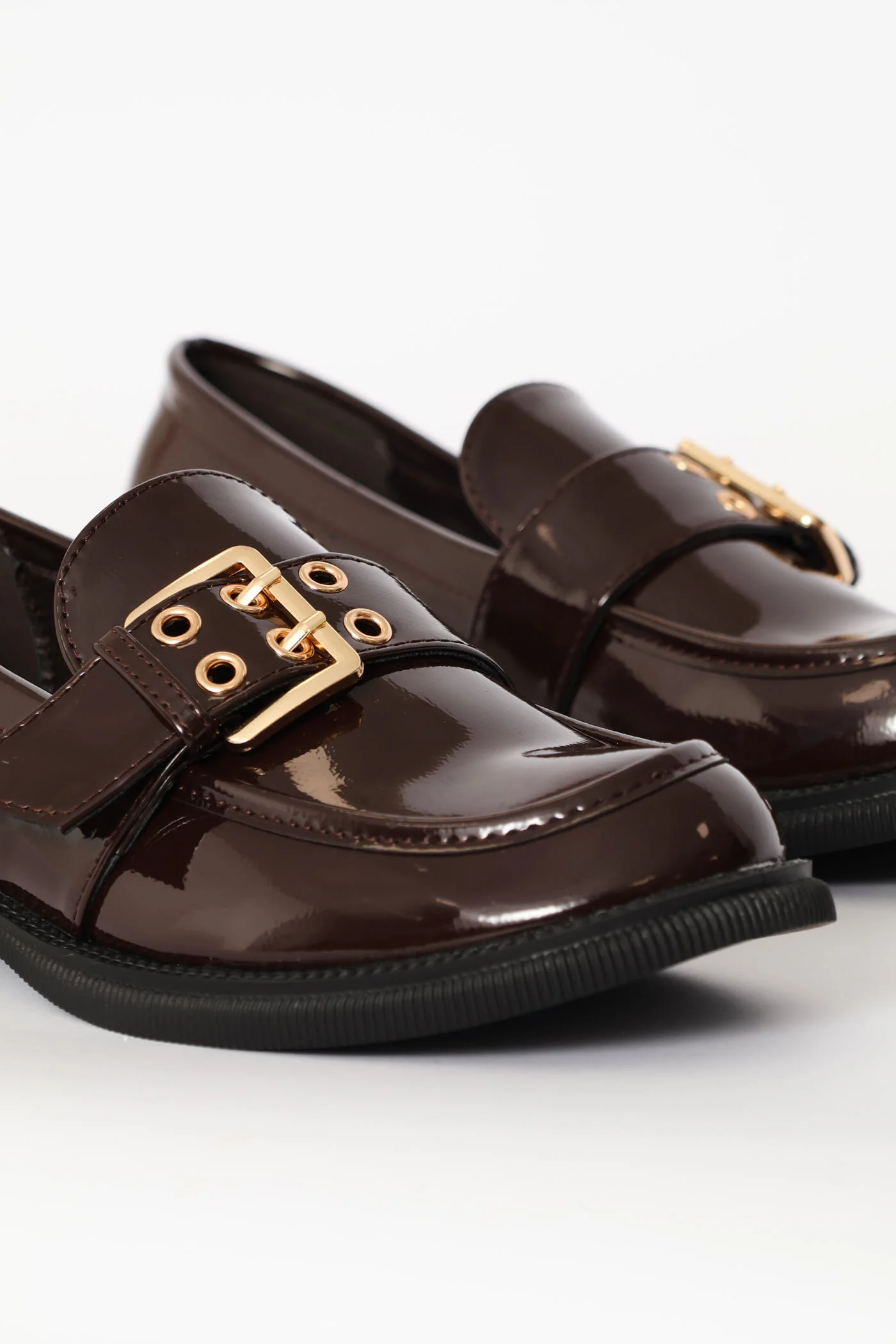 Crinkle Faux Leather Loafer With Buckle & Eyelet Detail - Chocolate - Image 2