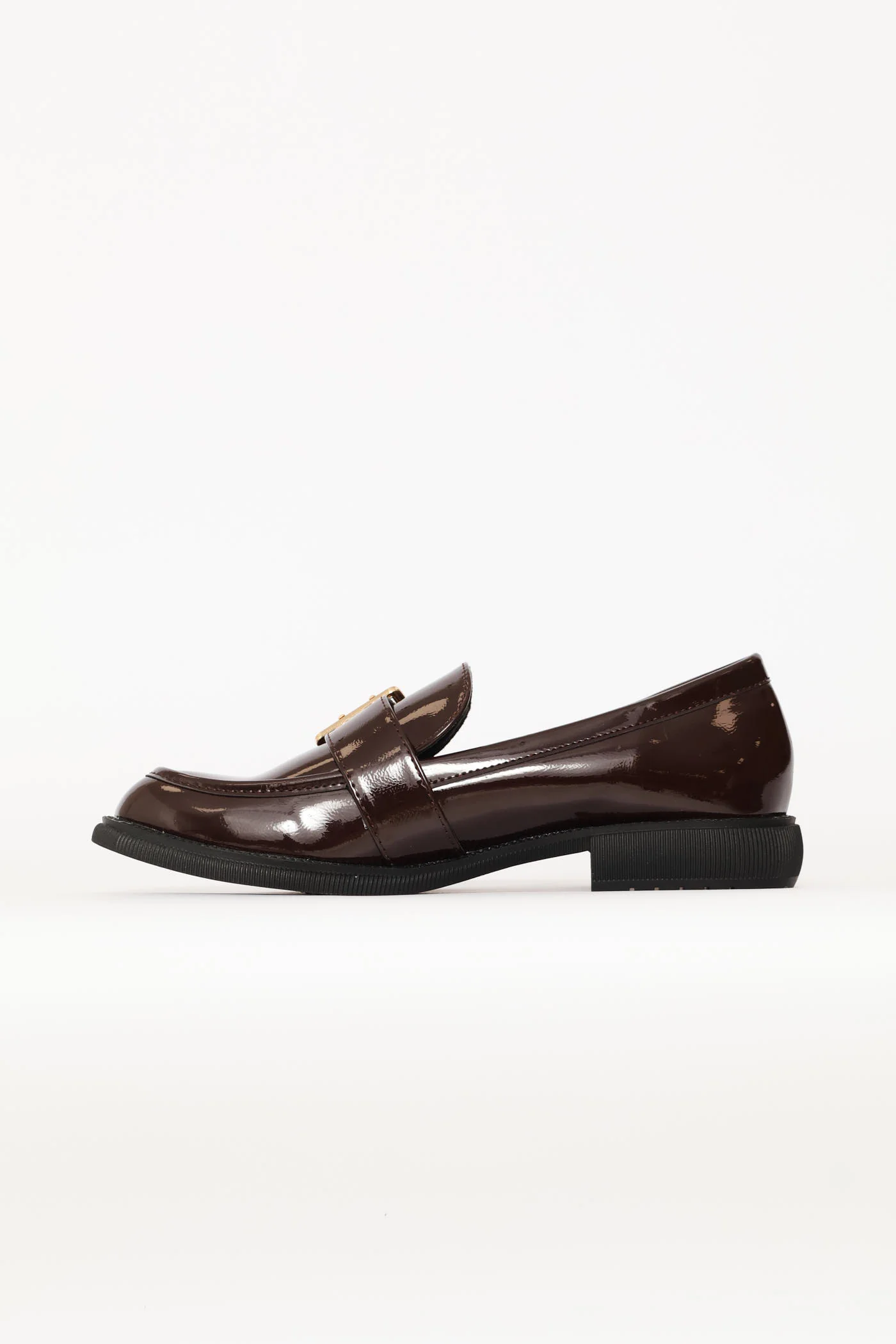 Crinkle Faux Leather Loafer With Buckle & Eyelet Detail - Chocolate - Image 3