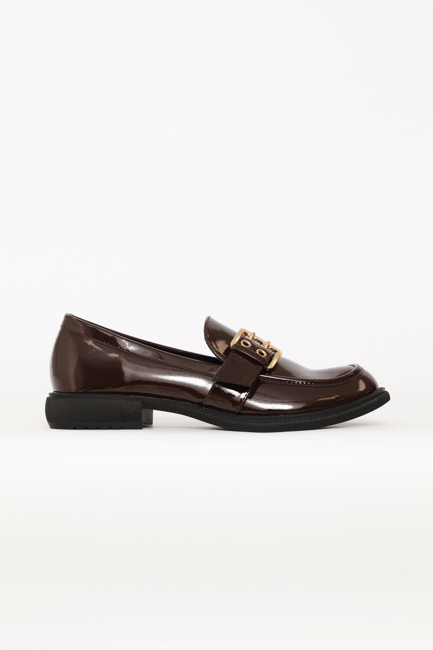 Crinkle Faux Leather Loafer With Buckle & Eyelet Detail - Chocolate - Image 4