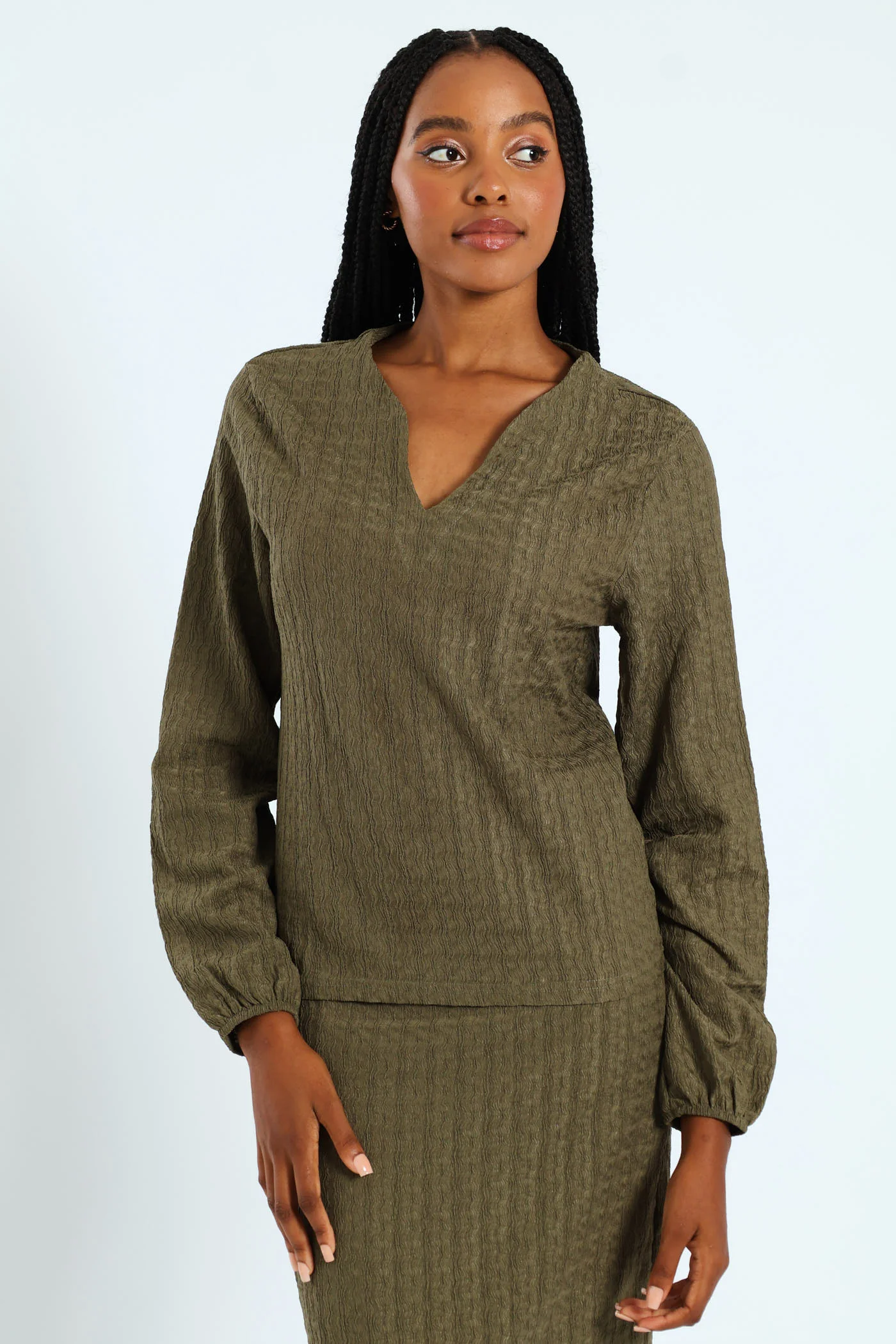 Crinkle Henley Top - Army Green - Image 2