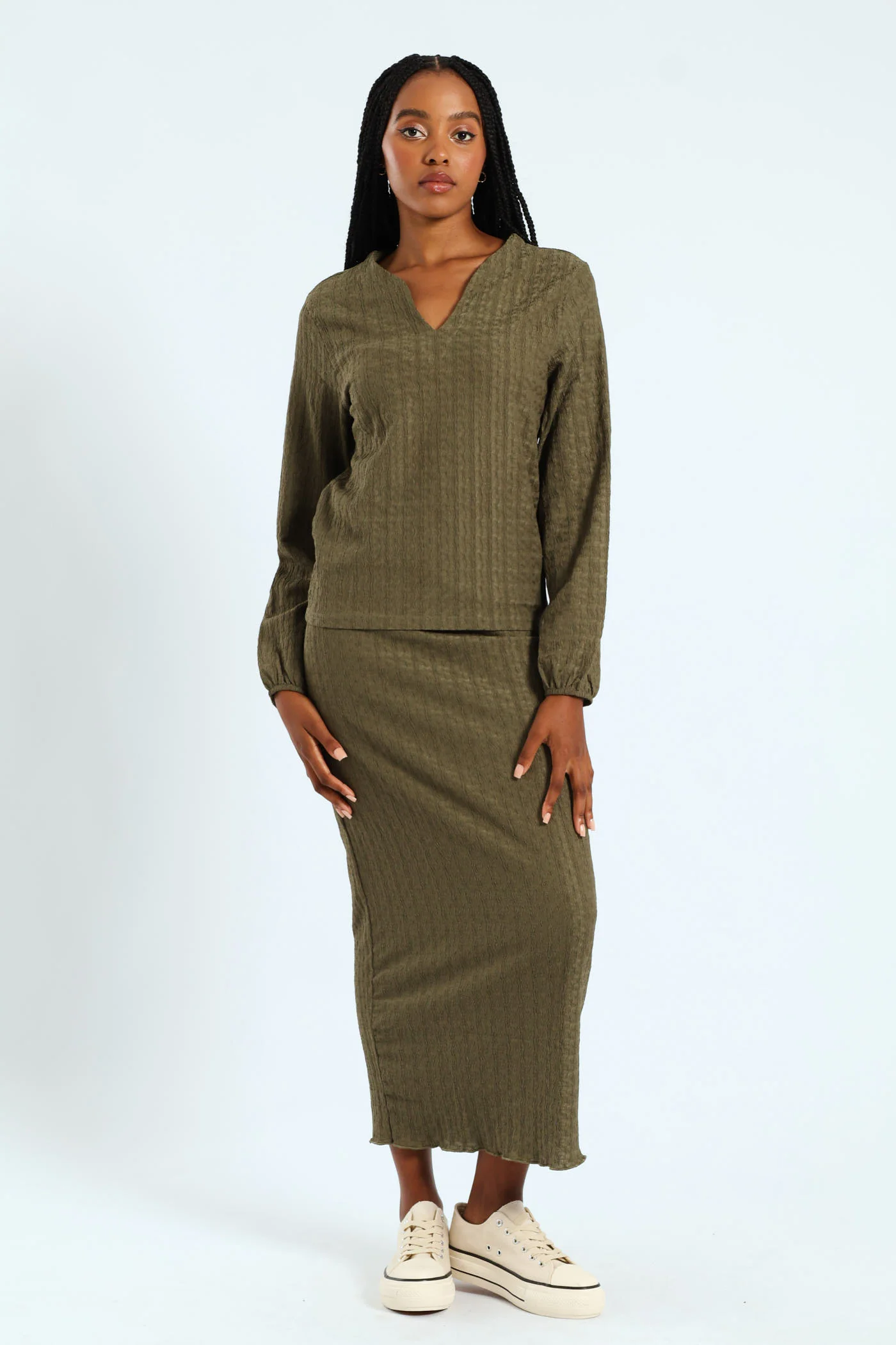 Crinkle Knit Tube Midaxi Skirt - Army Green - Image 2
