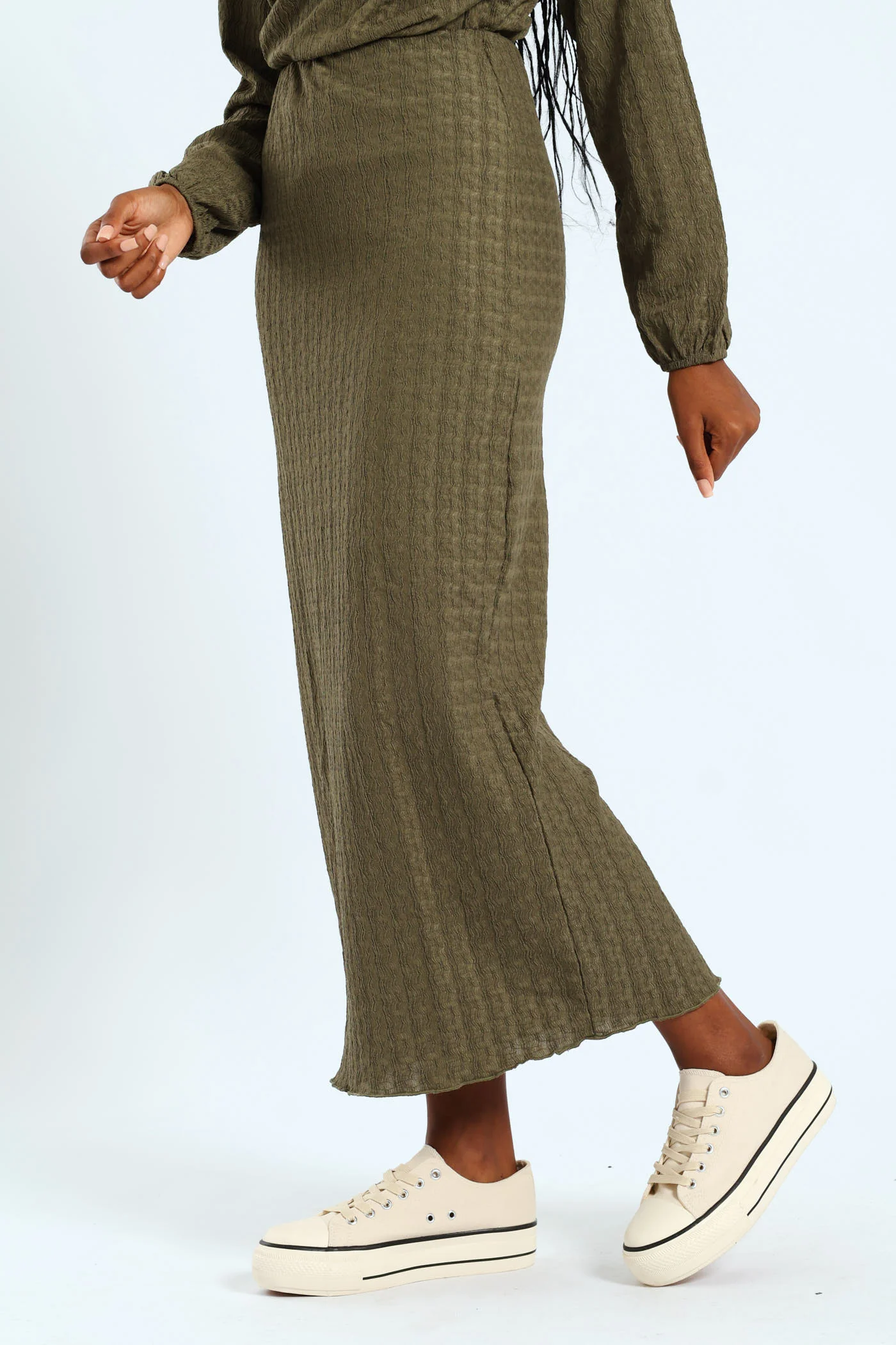 Crinkle Knit Tube Midaxi Skirt - Army Green - Image 3