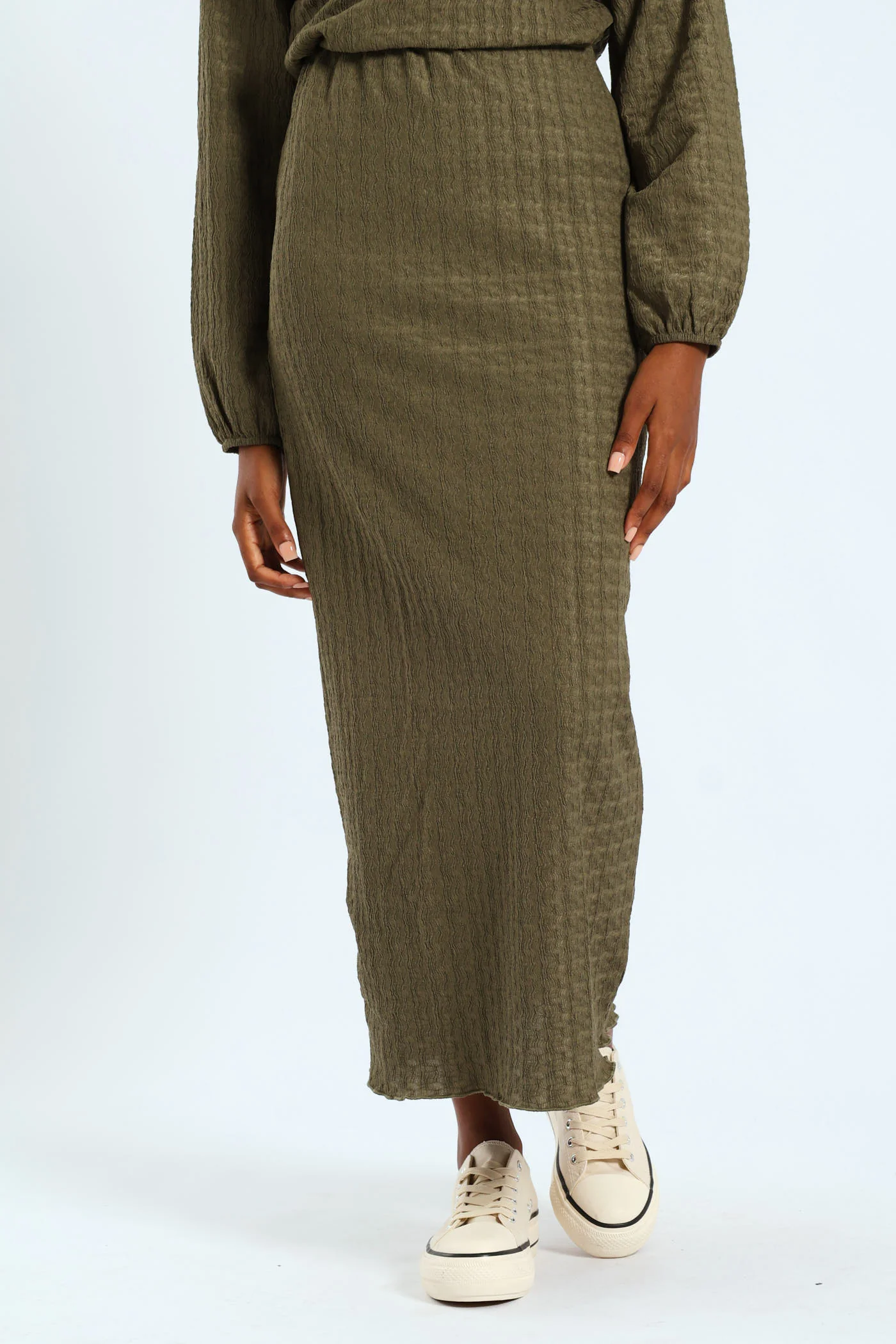 Crinkle Knit Tube Midaxi Skirt - Army Green - Image 4