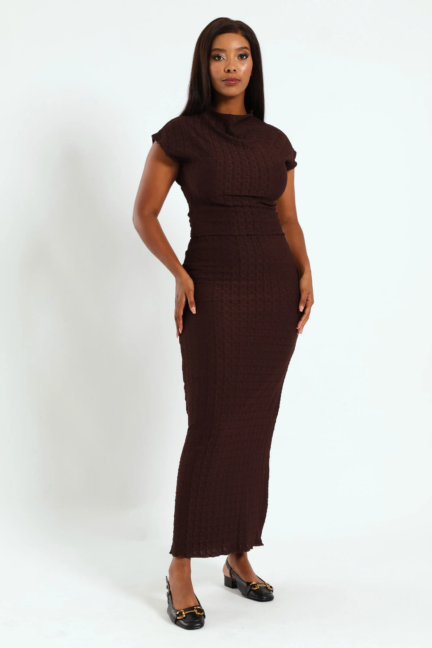 Crinkle Knit Tube Midaxi Skirt - Dark Brown - Image 2