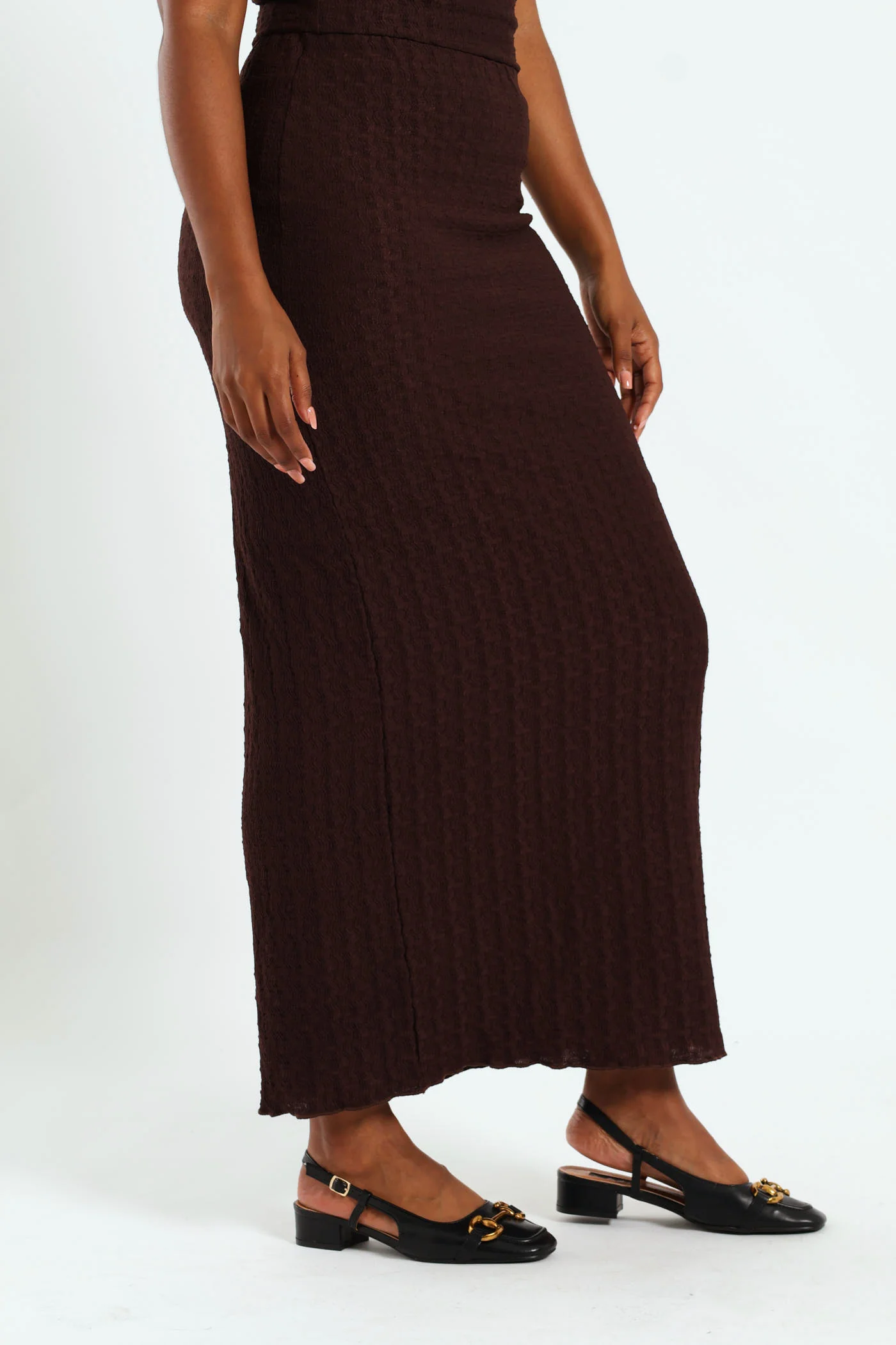 Crinkle Knit Tube Midaxi Skirt - Dark Brown - Image 3