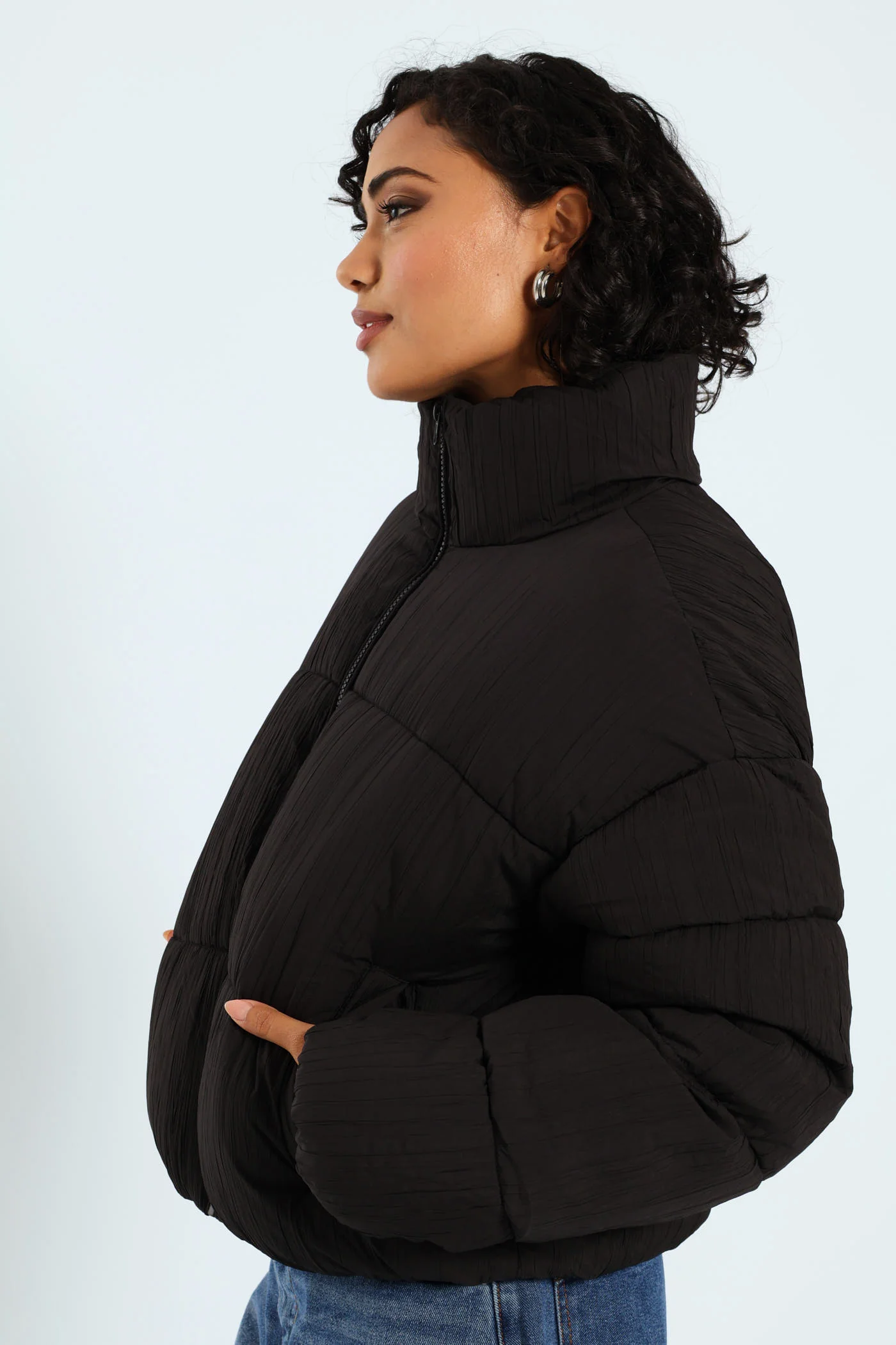 Crinkle Puffer Jacket - Black - Image 4