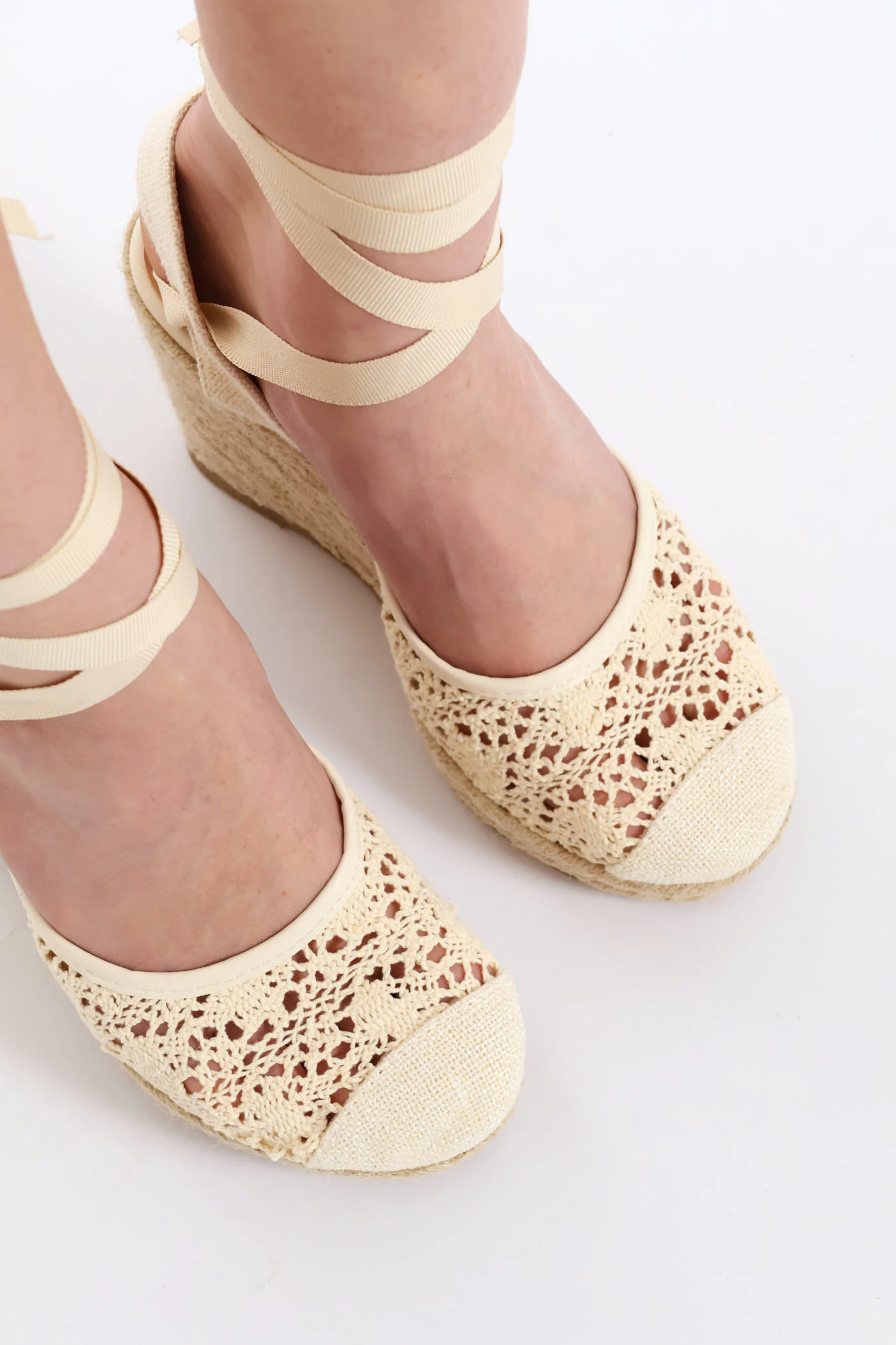 Crochet Closed Toe Lace Up Wedge Heel - Stone - Image 2