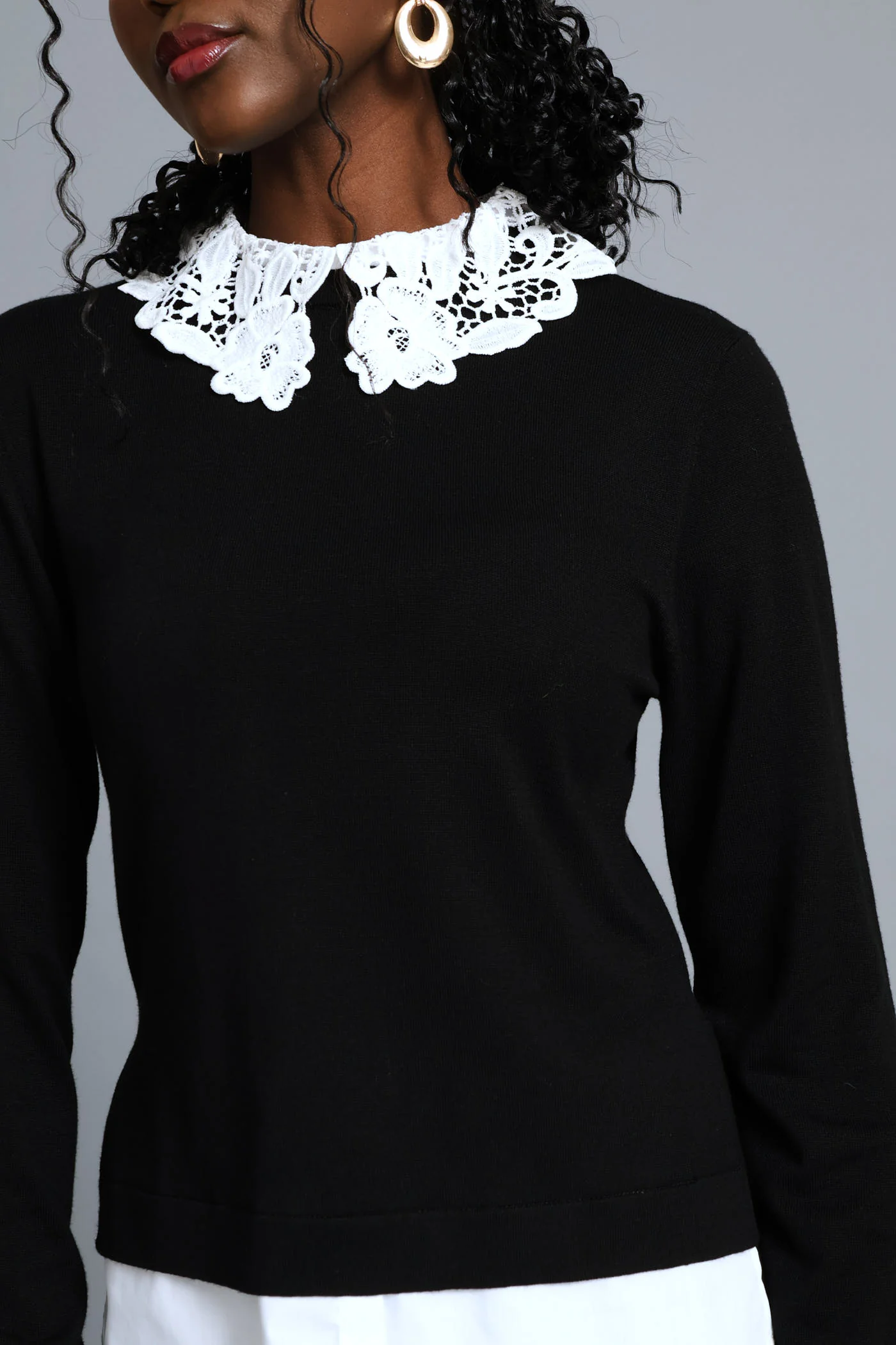 Crochet Collar Pullover - Black/White - Image 2
