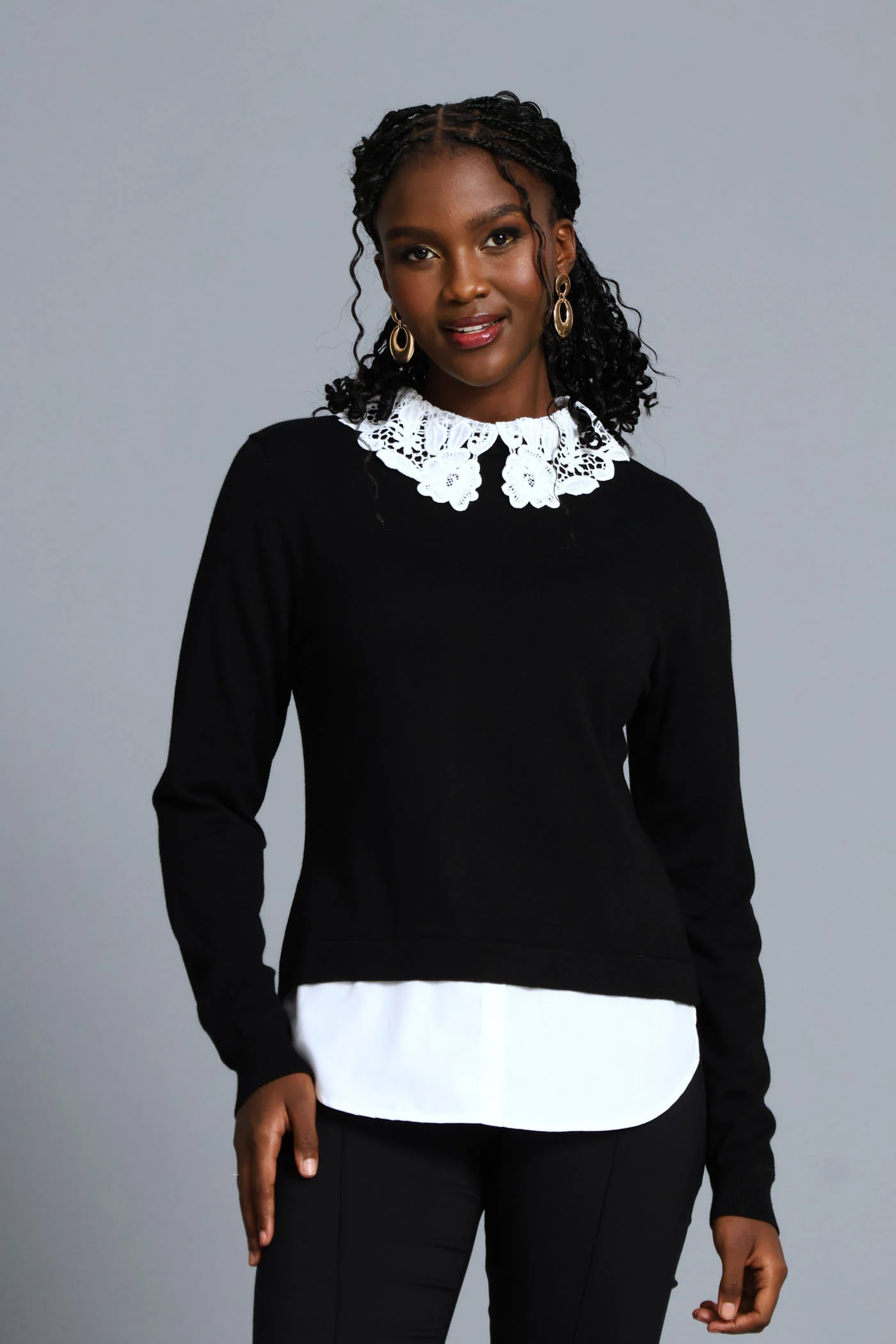 Crochet Collar Pullover - Black/White - Image 3