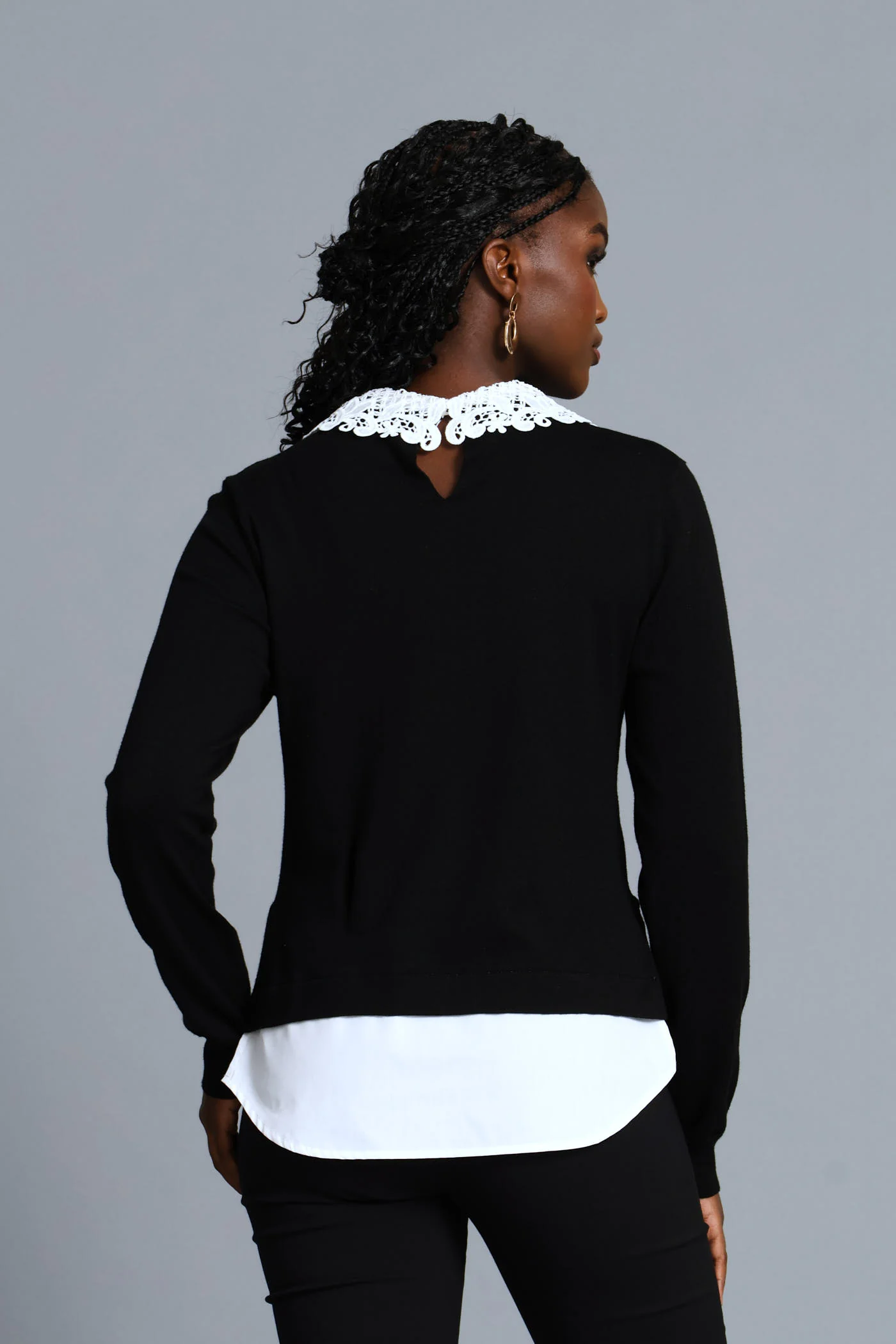 Crochet Collar Pullover - Black/White - Image 5