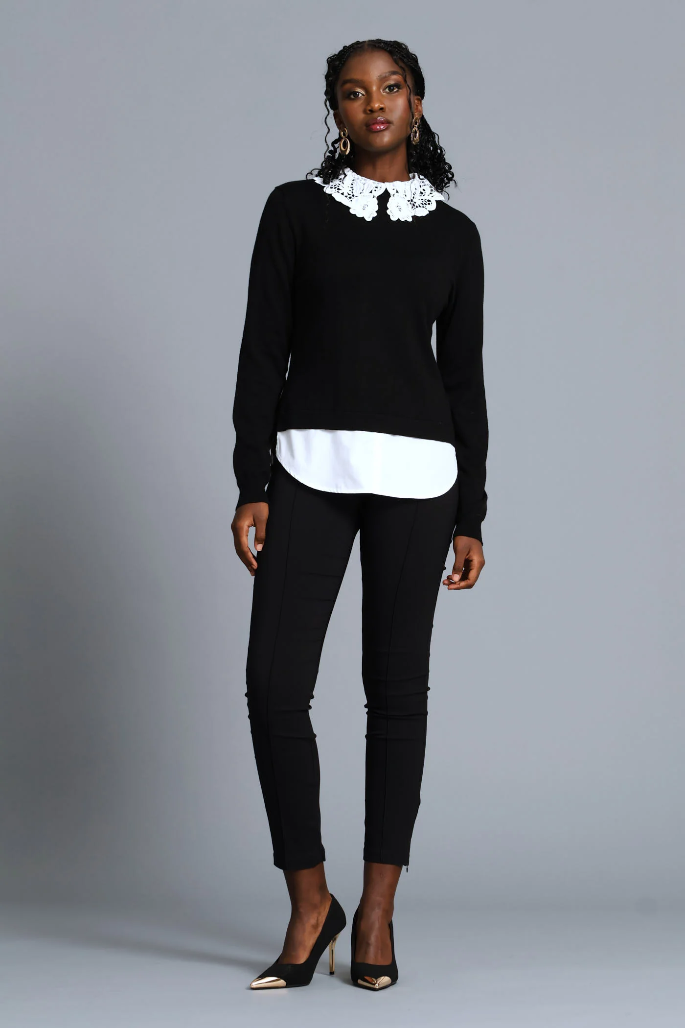 Crochet Collar Pullover - Black/White - Image 6