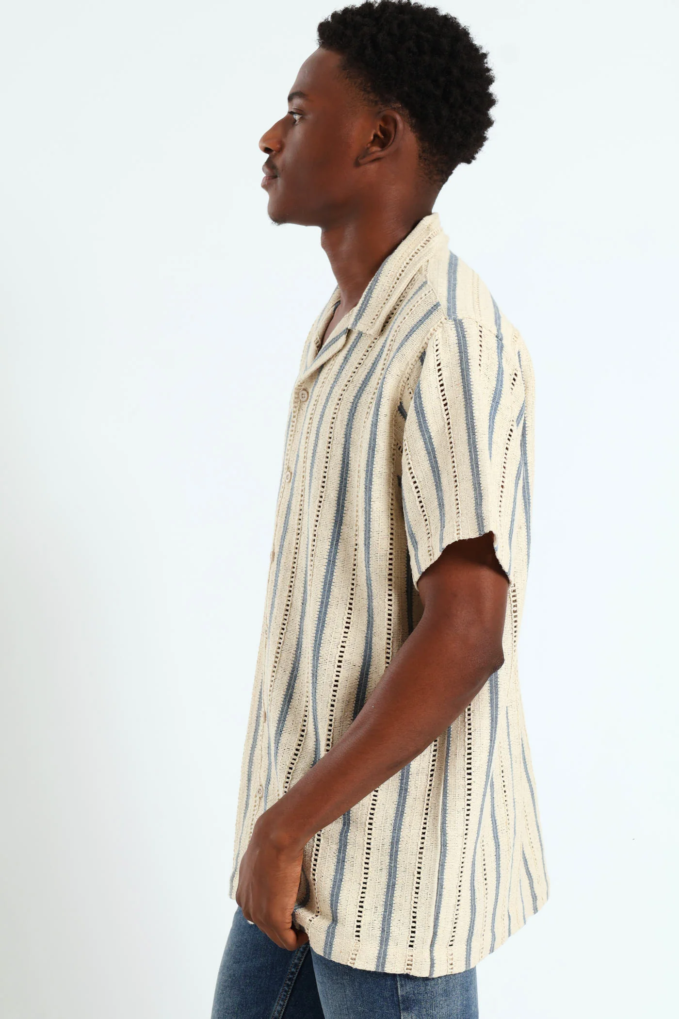 Crochet Stripe Shirt - Stone - Image 3