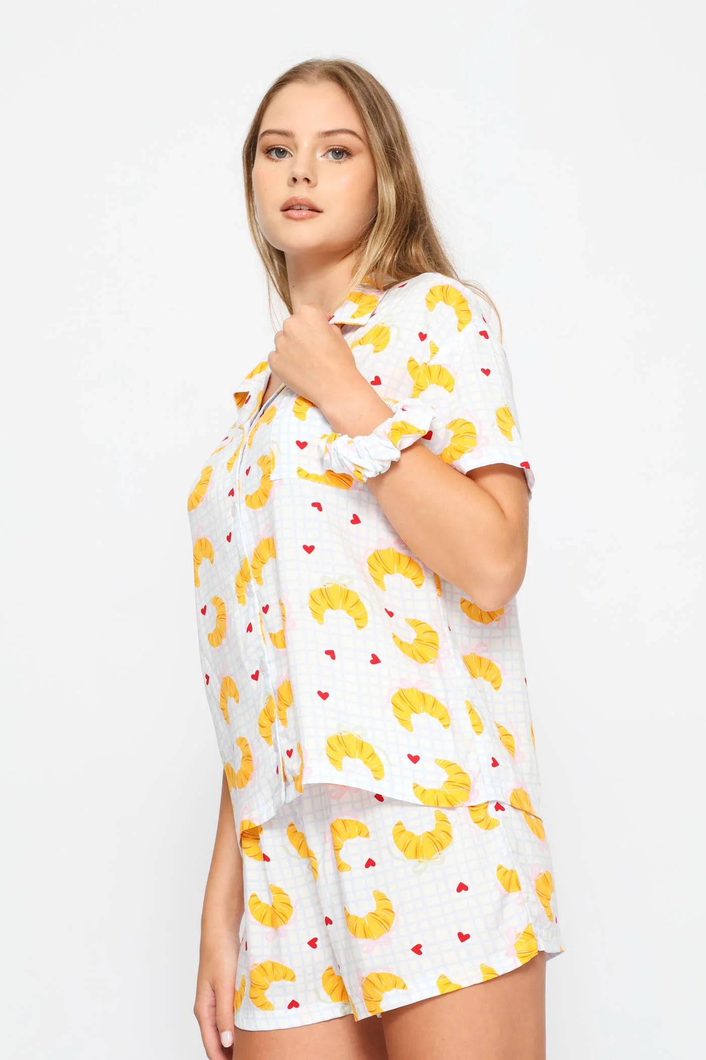 Croissant Print Button Through & Check Short Viscose Set - White/Blue - Image 4