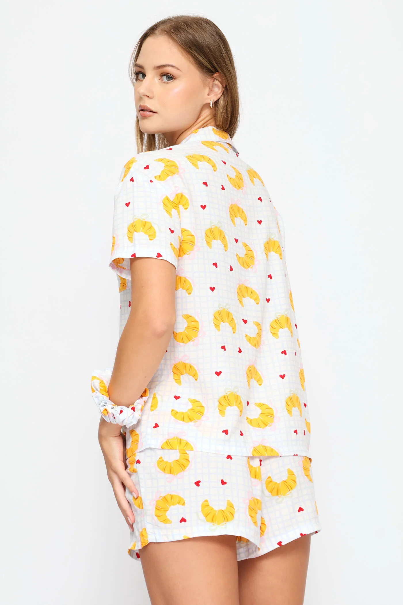 Croissant Print Button Through & Check Short Viscose Set - White/Blue - Image 5