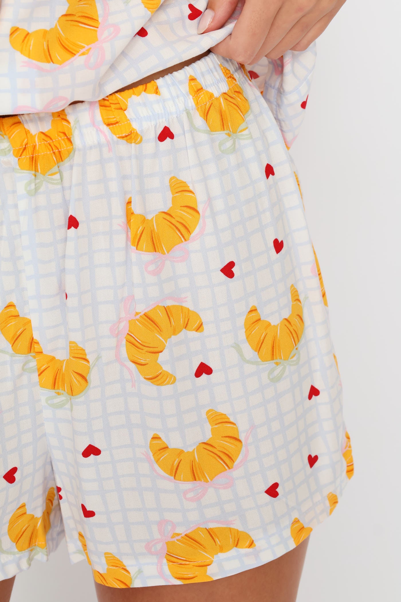Croissant Print Button Through & Check Short Viscose Set - White/Blue - Image 6
