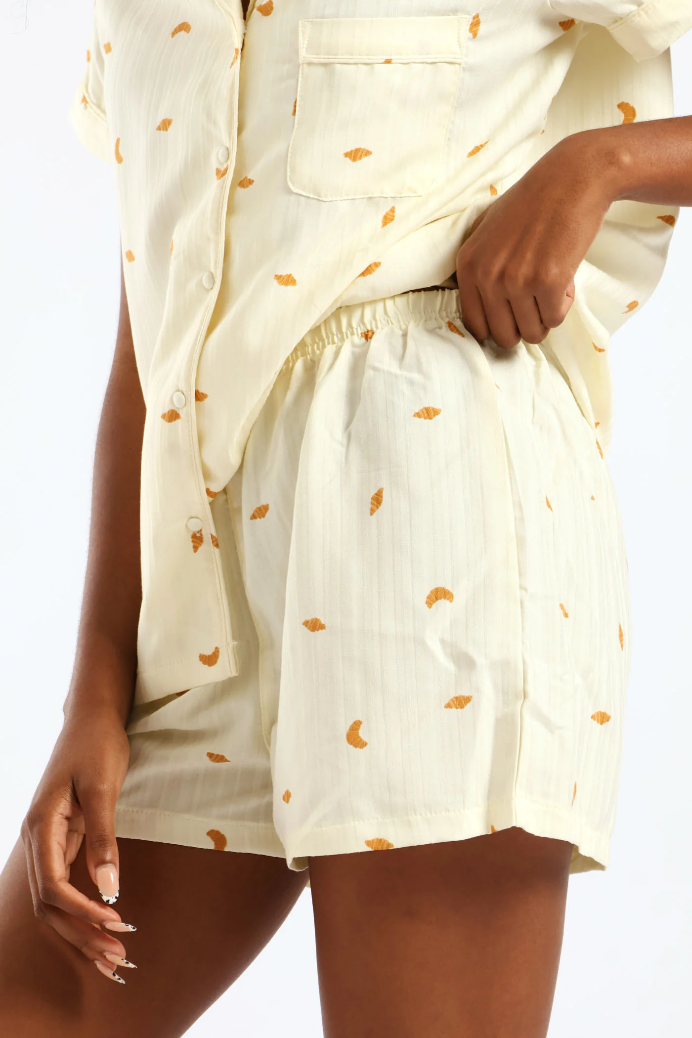 Croissant Print Short Sleeve Button Through & Woven Short Set - Yellow - Image 2