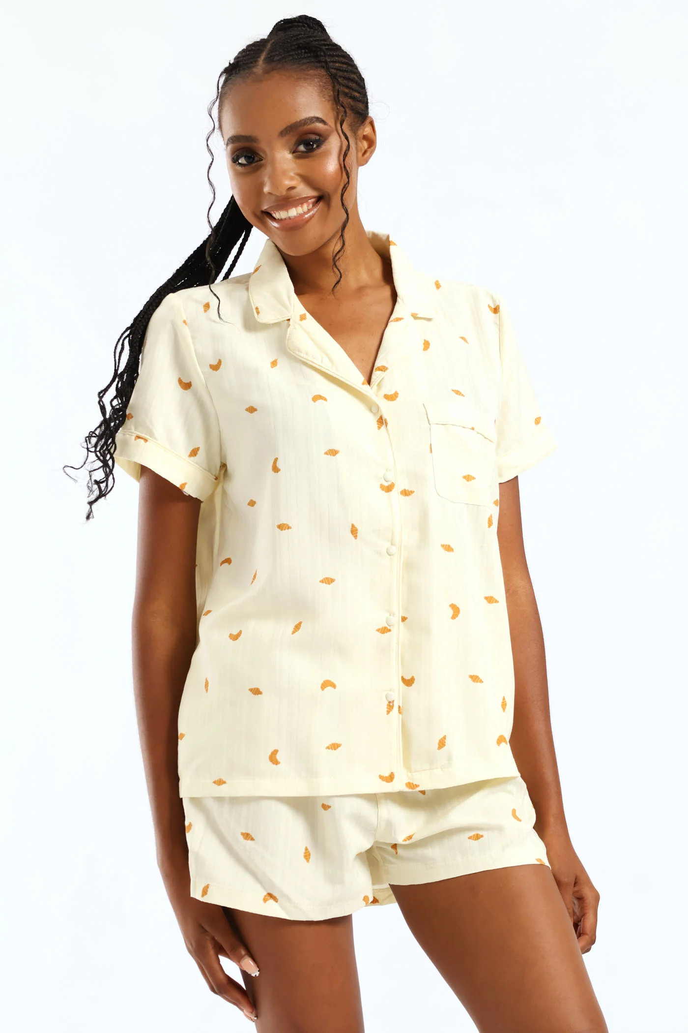 Croissant Print Short Sleeve Button Through & Woven Short Set - Yellow - Image 3