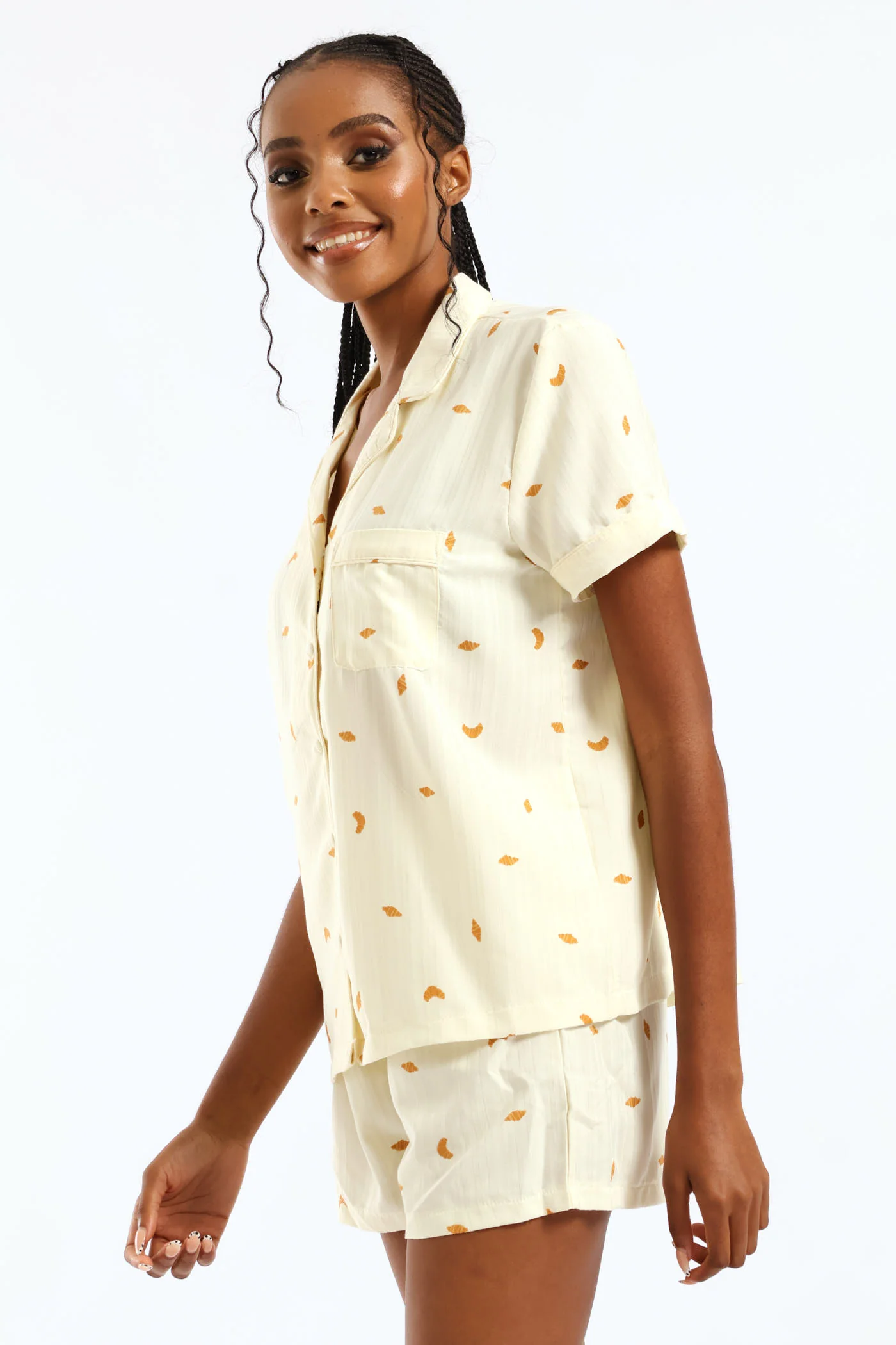 Croissant Print Short Sleeve Button Through & Woven Short Set - Yellow - Image 4