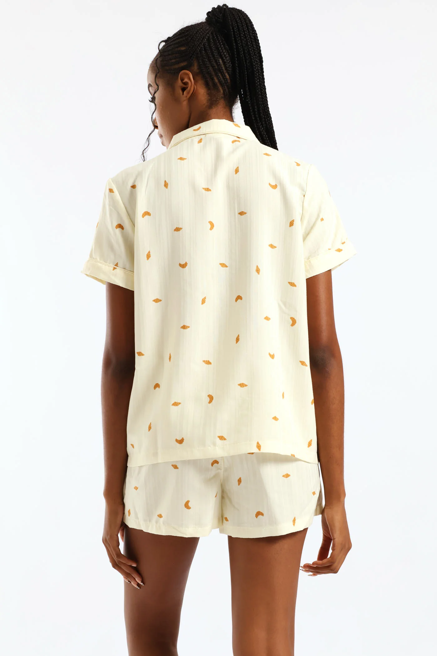 Croissant Print Short Sleeve Button Through & Woven Short Set - Yellow - Image 5