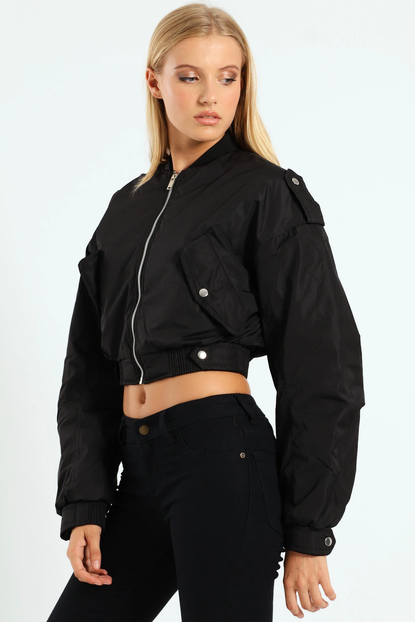 Crop Aviator Bomber - Black - Image 3