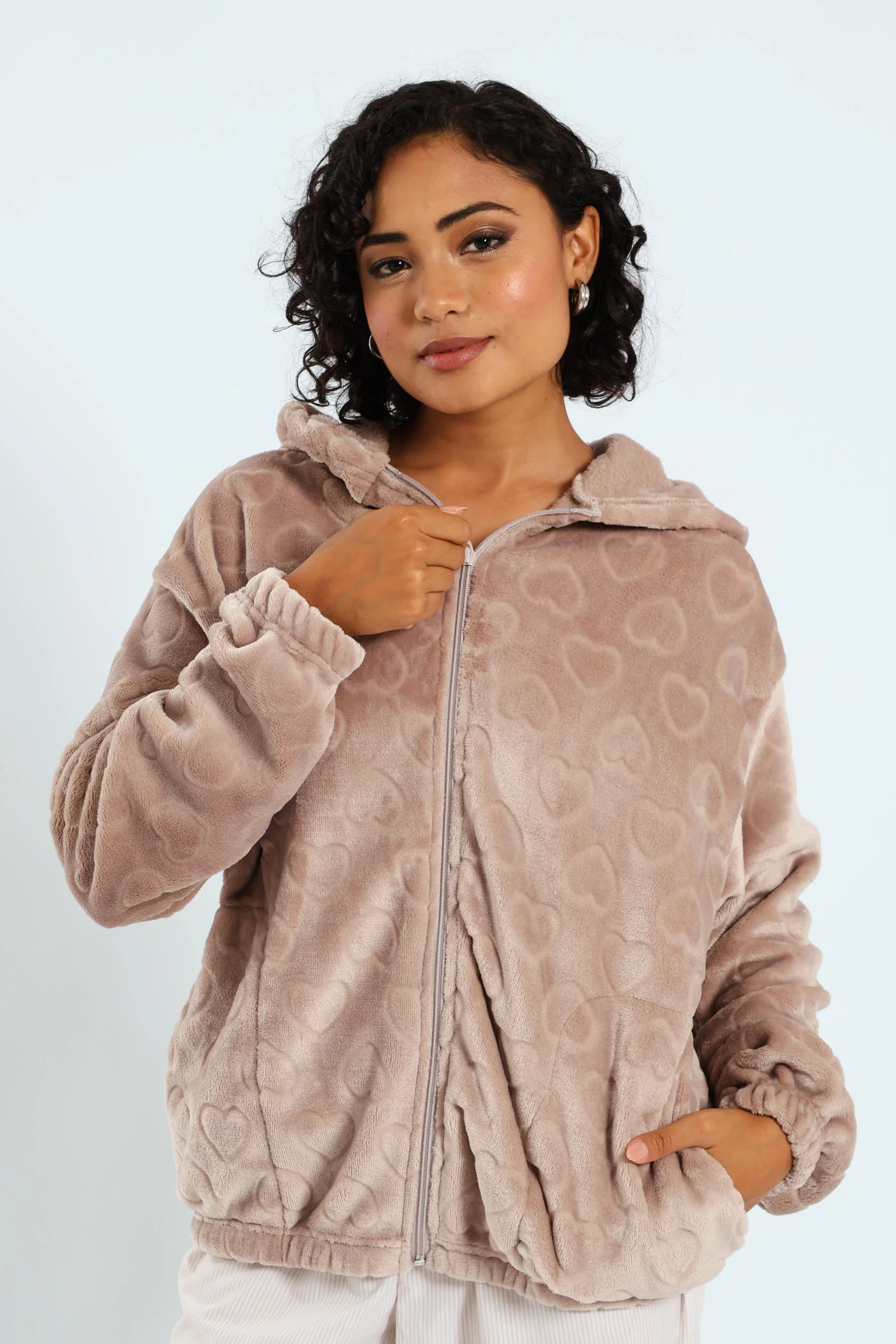 Crop Zip-Through Hearts Snuggie - Light Brown - Image 5