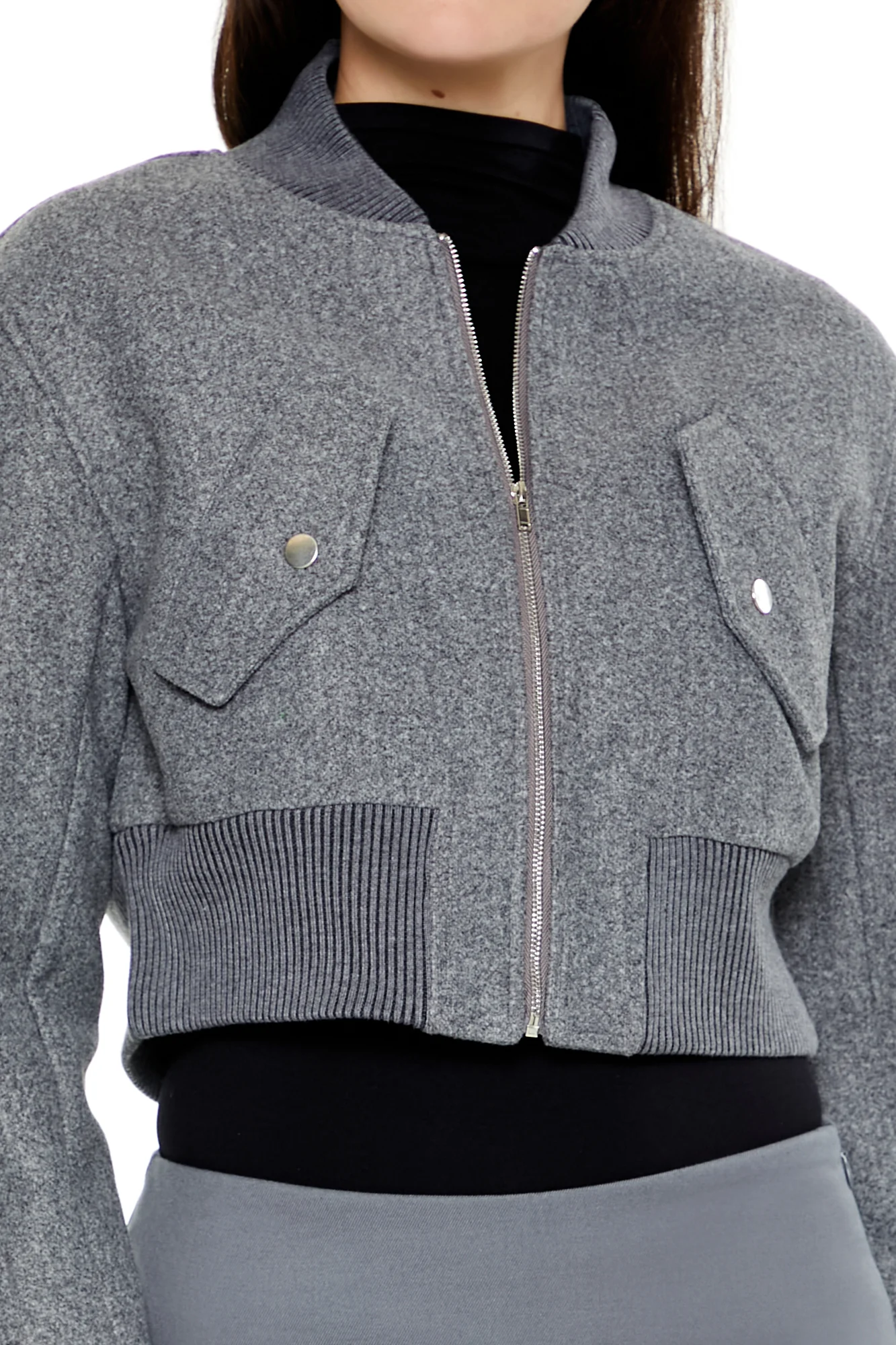 Cropped Bomber Jacket - Dark Grey - Image 2