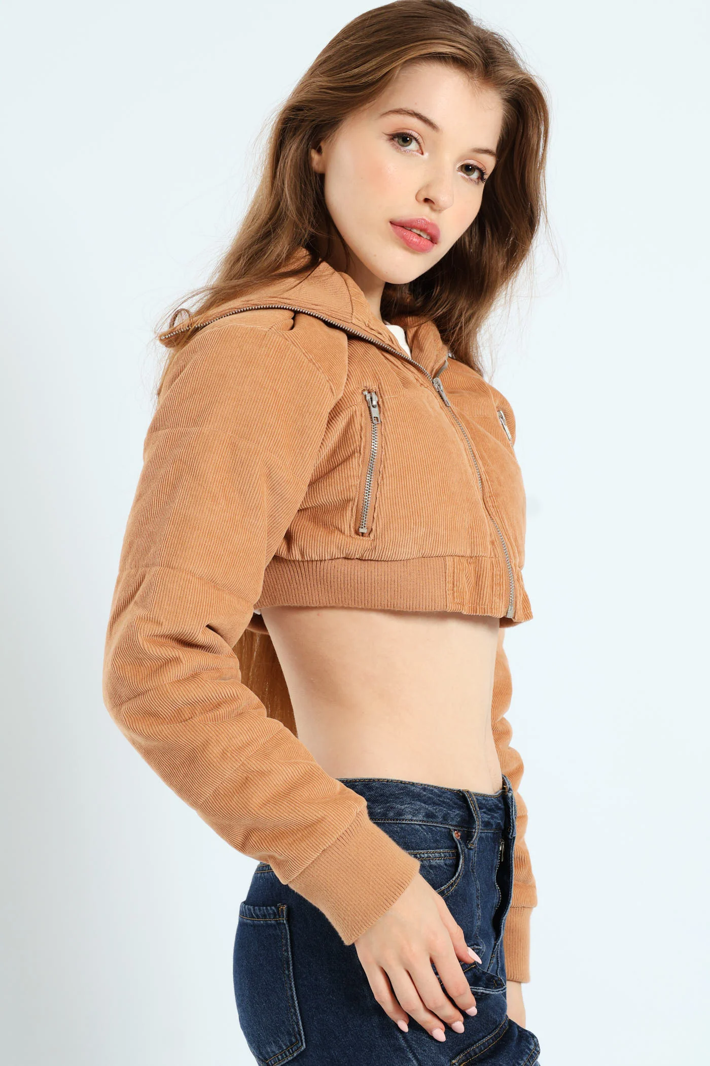 Cropped Corduroy Puffer Jacket - Camel - Image 3