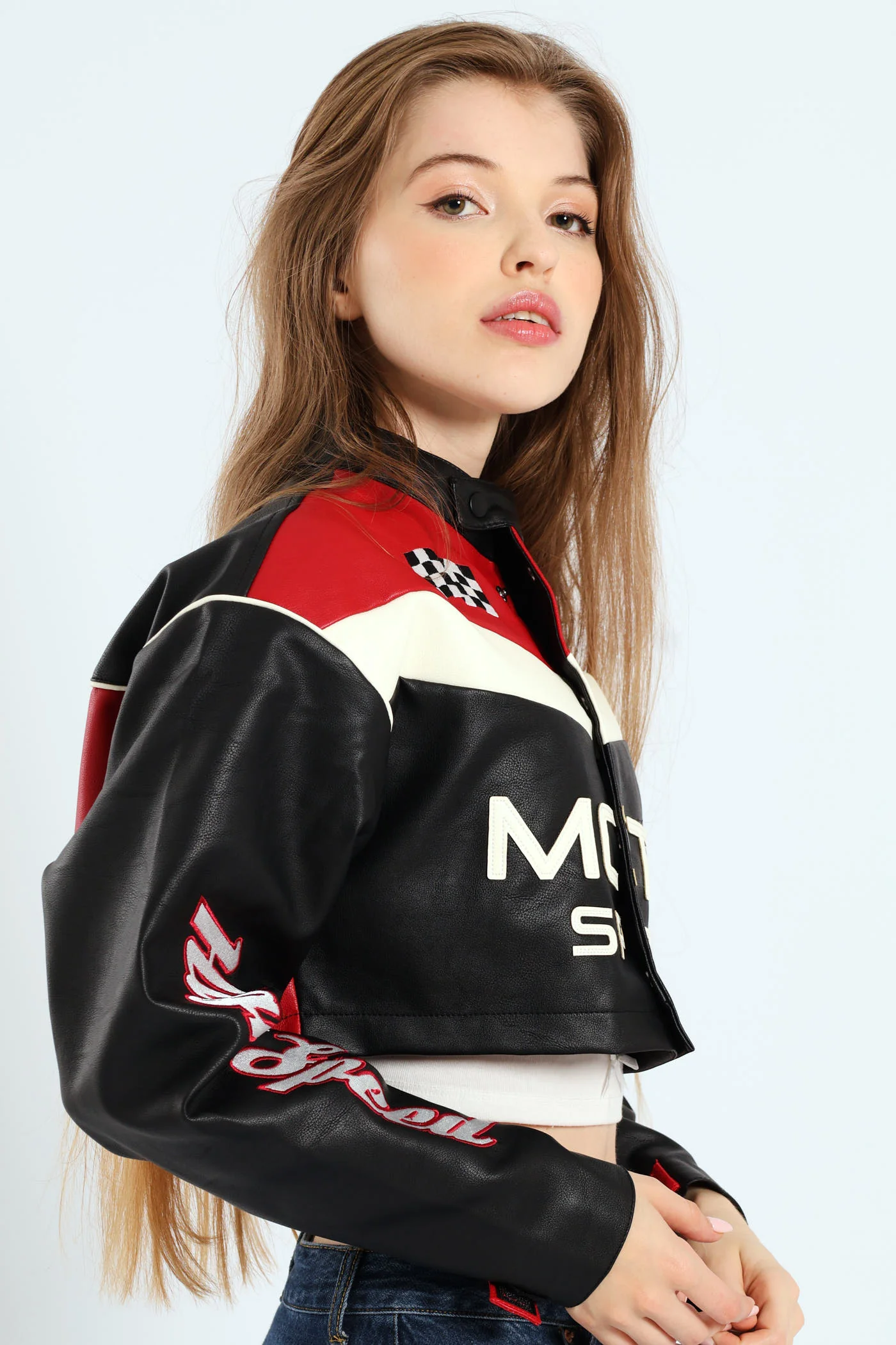 Cropped Motorcycle Jacket - Black - Image 3