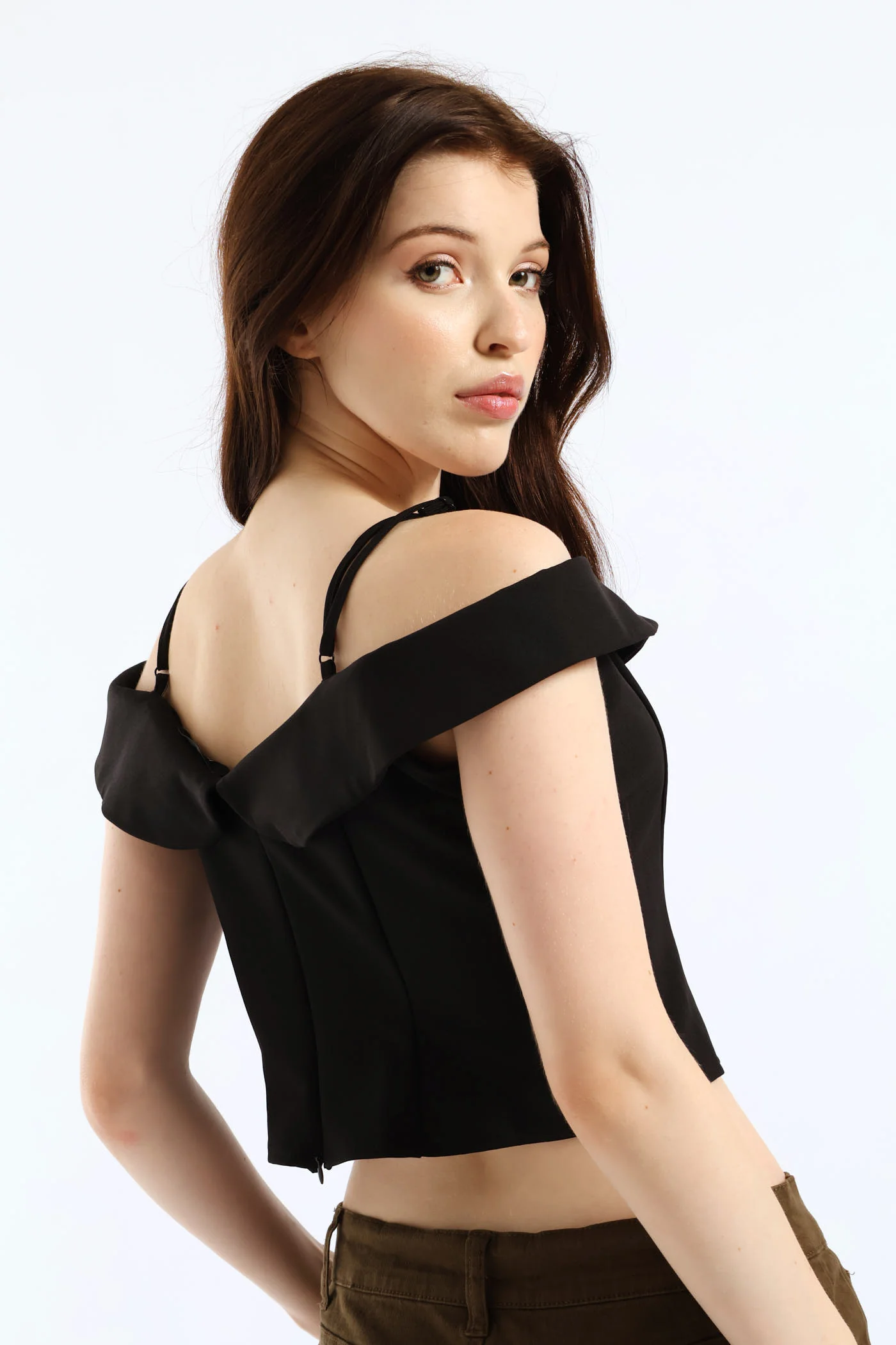 Cropped Off The Shoulder Woven Top - Black - Image 2