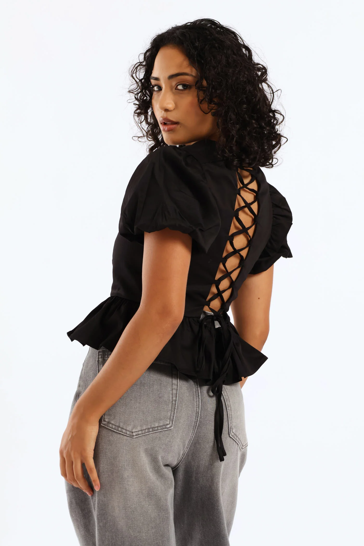 Cropped Peplum Woven Top - Black - Image 2