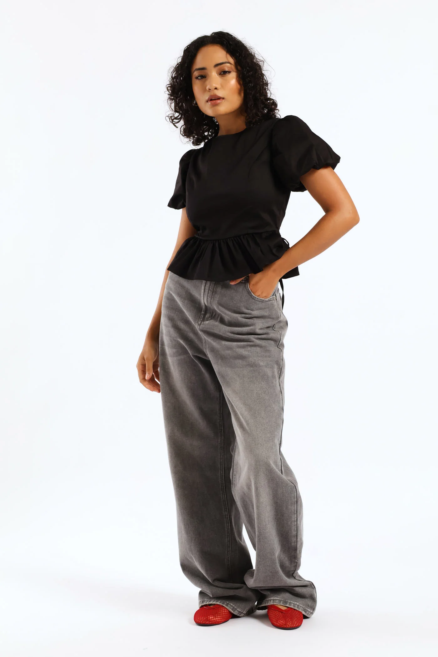 Cropped Peplum Woven Top - Black - Image 3