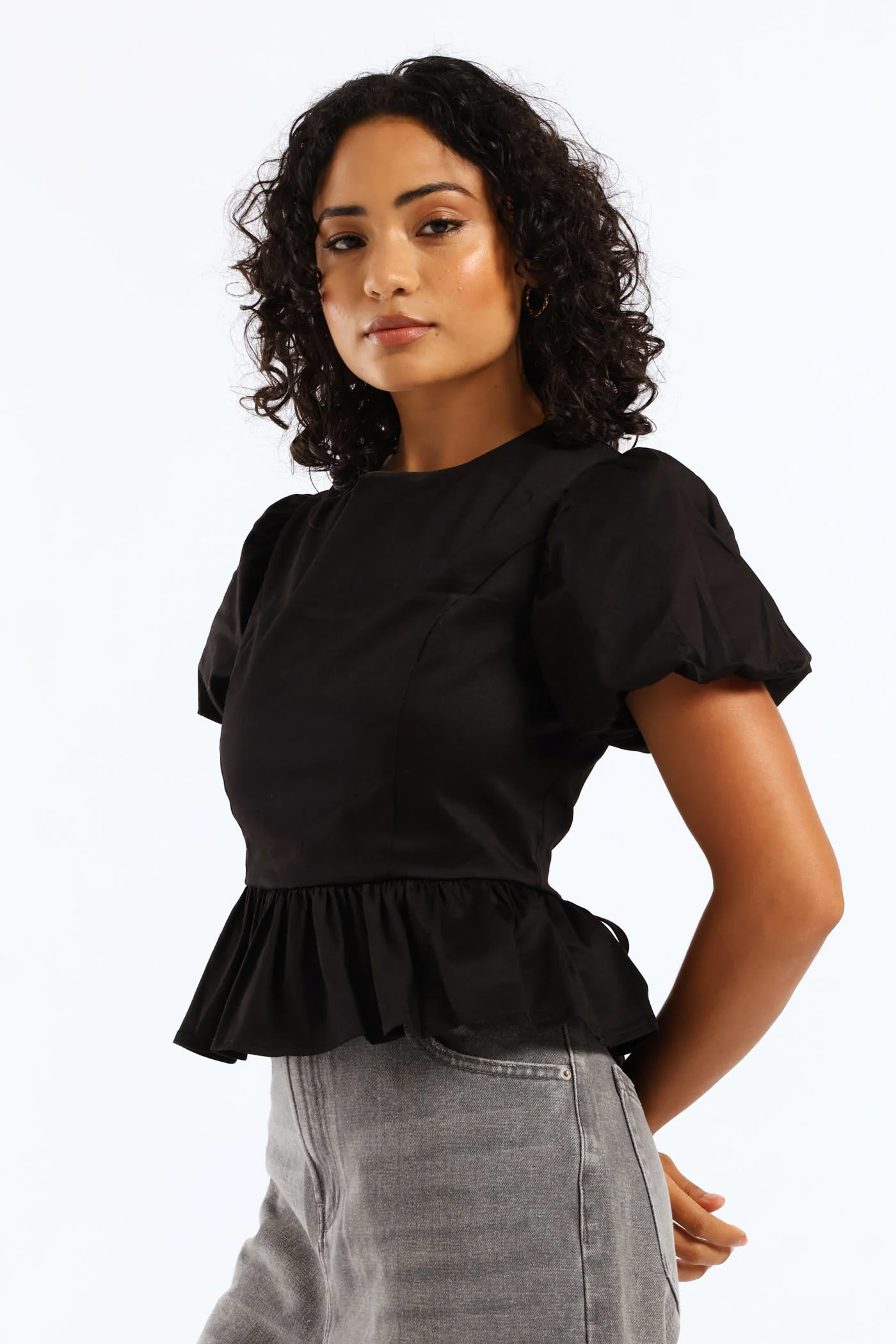 Cropped Peplum Woven Top - Black - Image 4