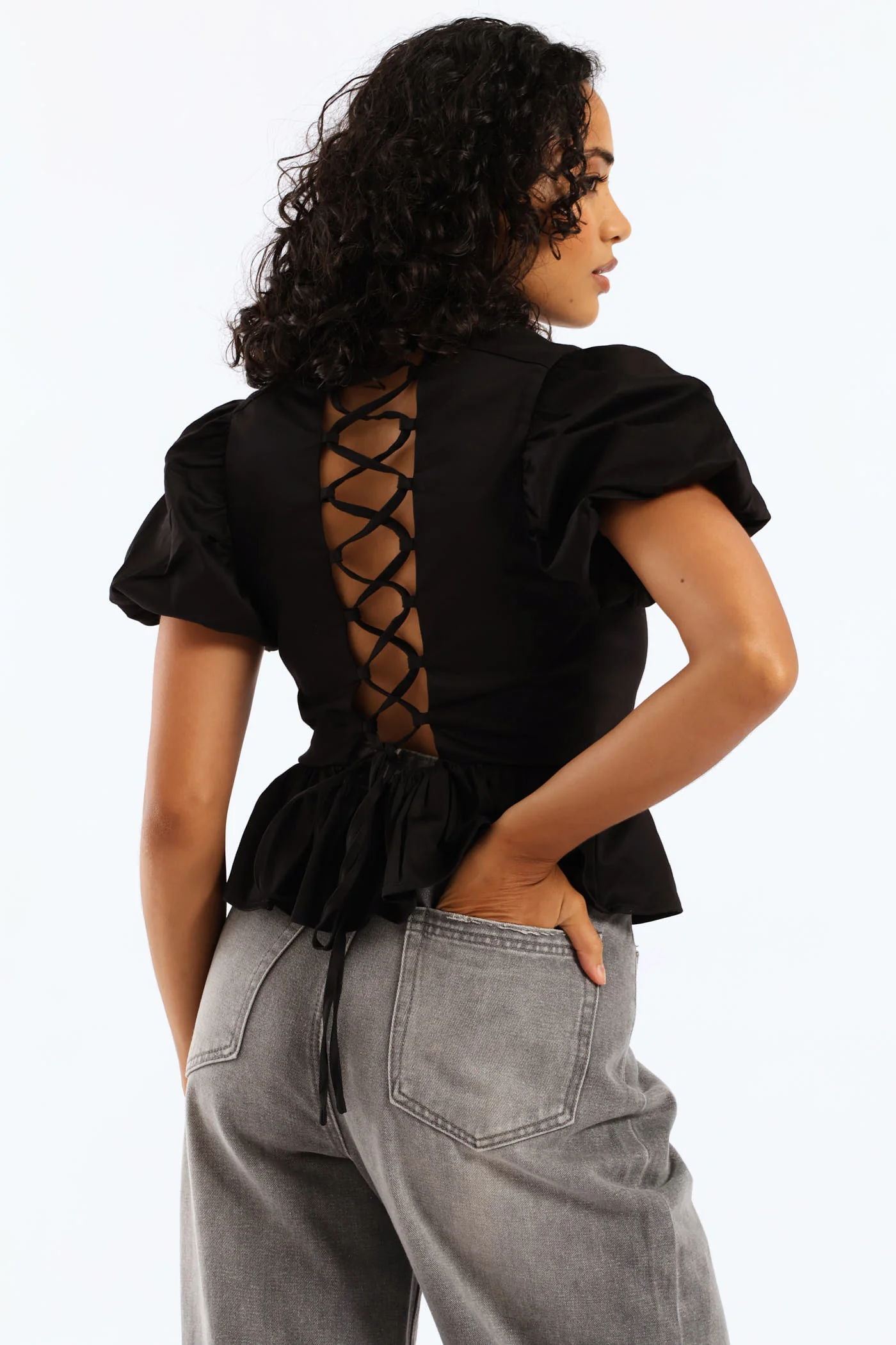 Cropped Peplum Woven Top - Black - Image 5