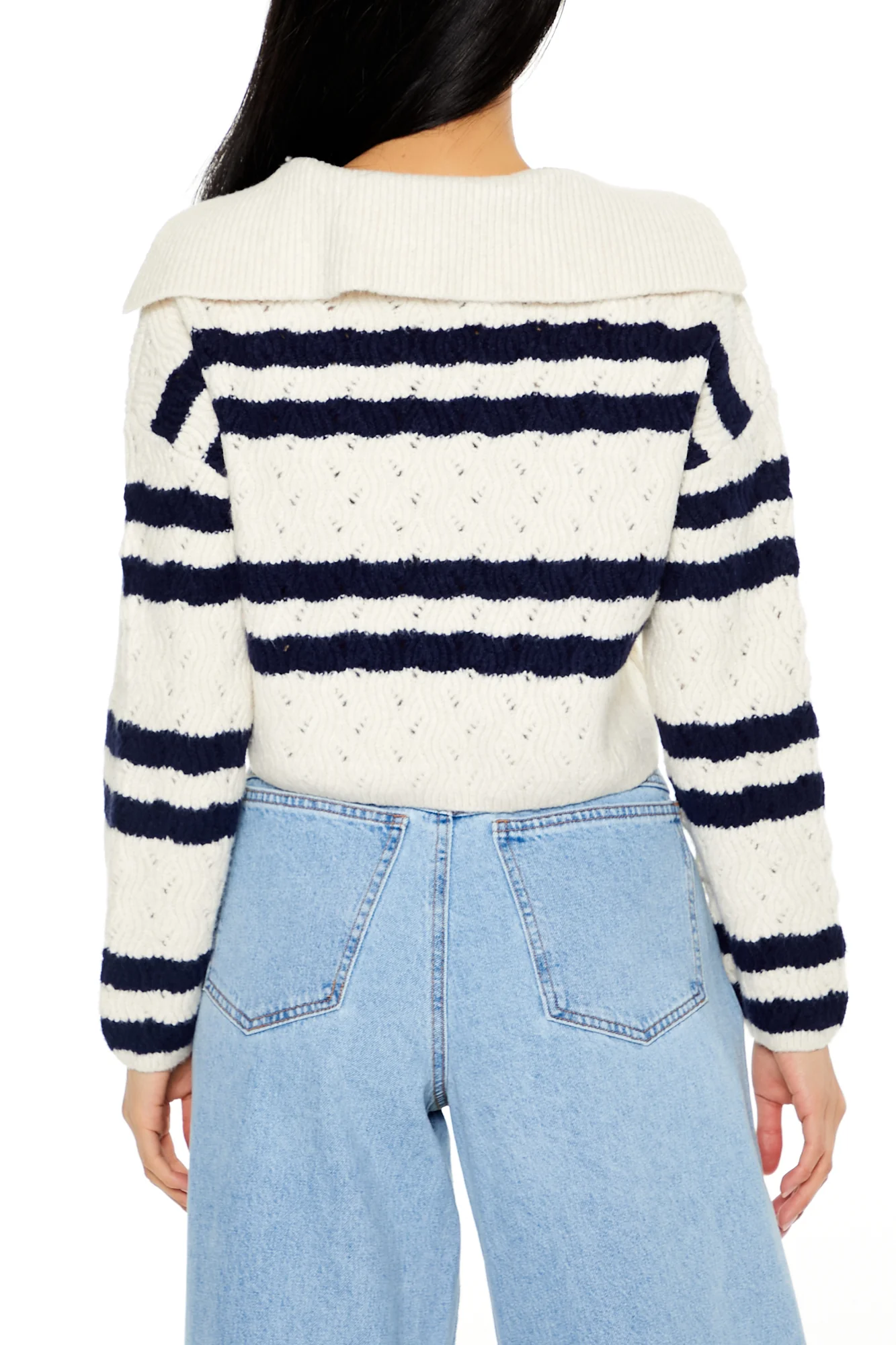 Cropped Striped Pullover Sweater - White/Blue - Image 3