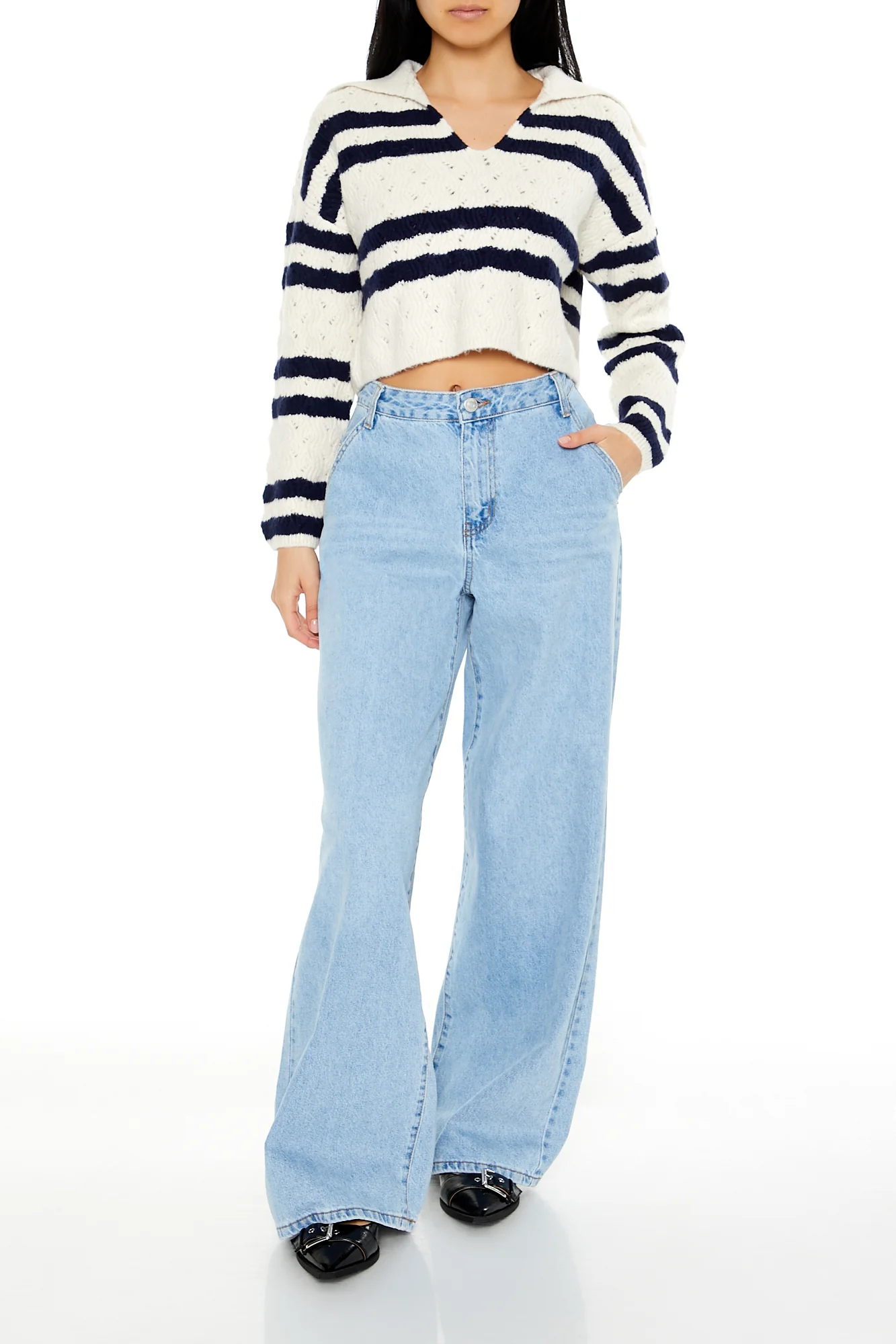 Cropped Striped Pullover Sweater - White/Blue - Image 5