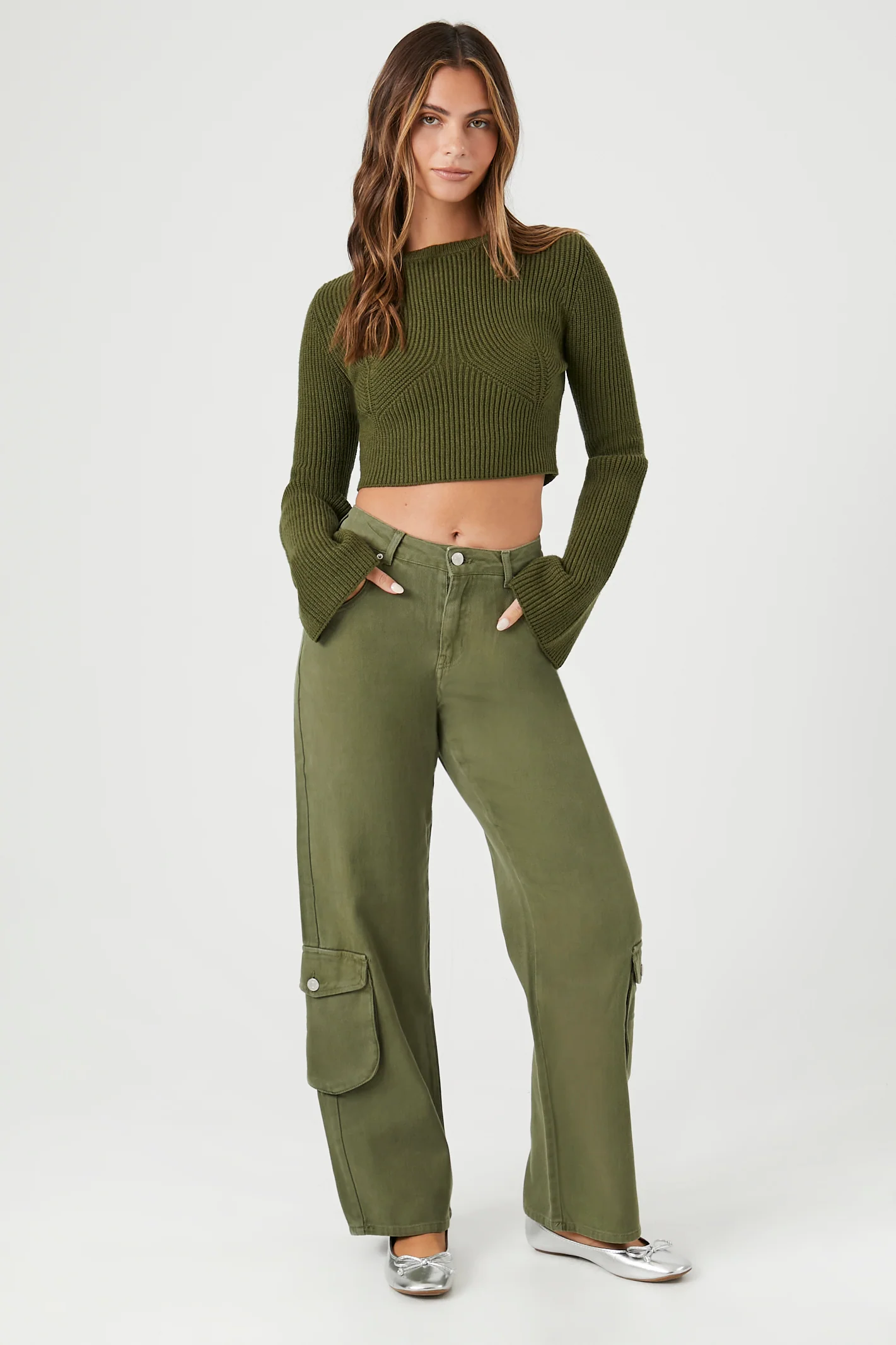 Cropped Rib-Knit Sweater - Fatigue - Image 4