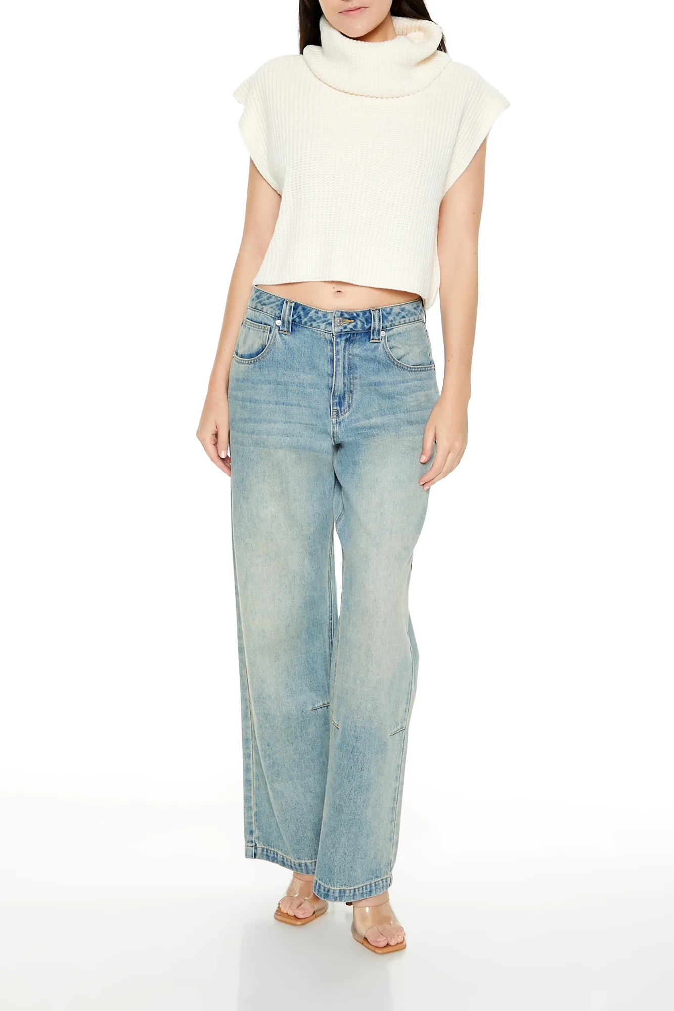 Cropped Sleeveless Turtleneck Sweater - Cream - Image 5