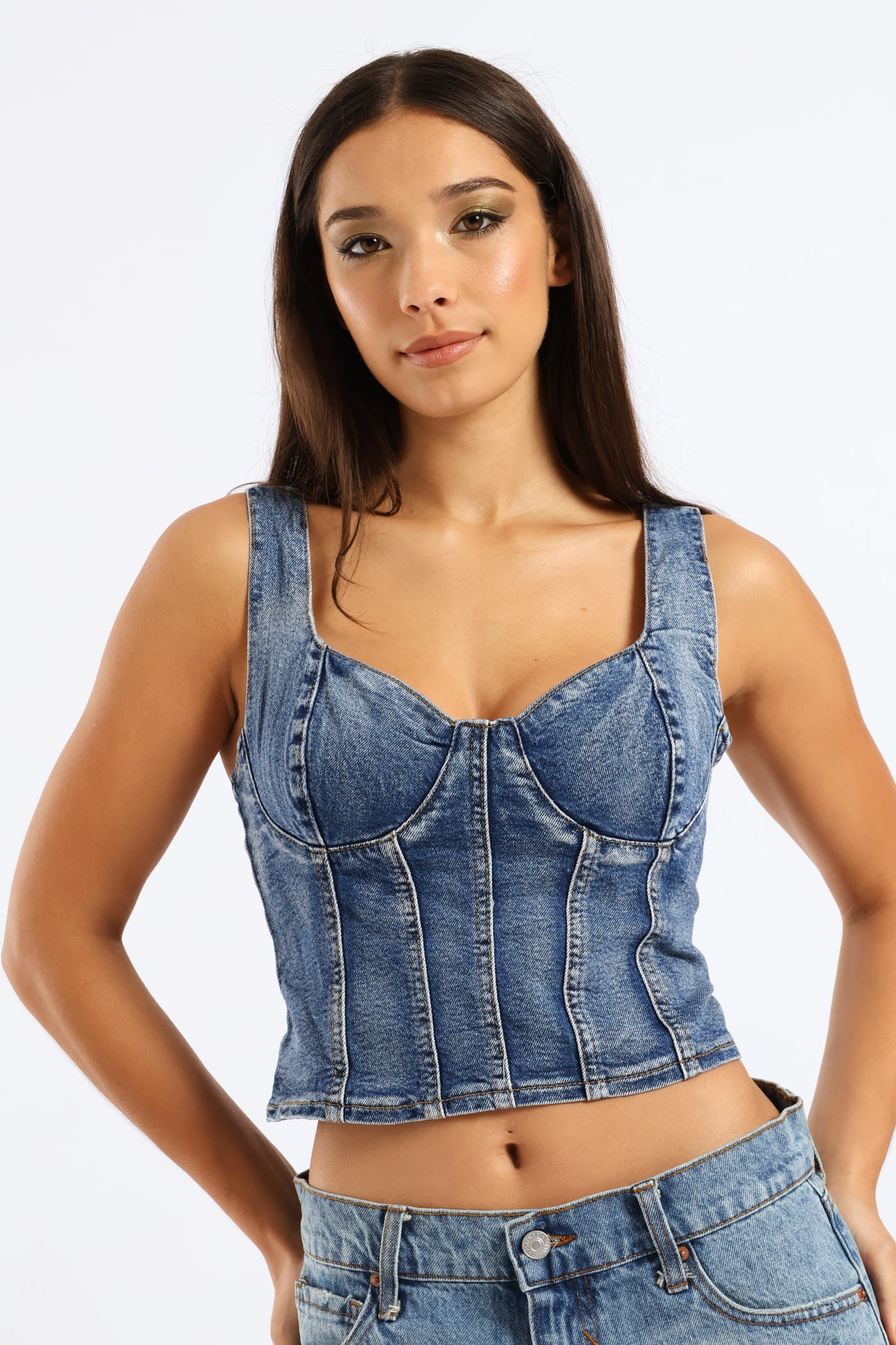 Cropped Woven Bustier Top - Denim - Image 2