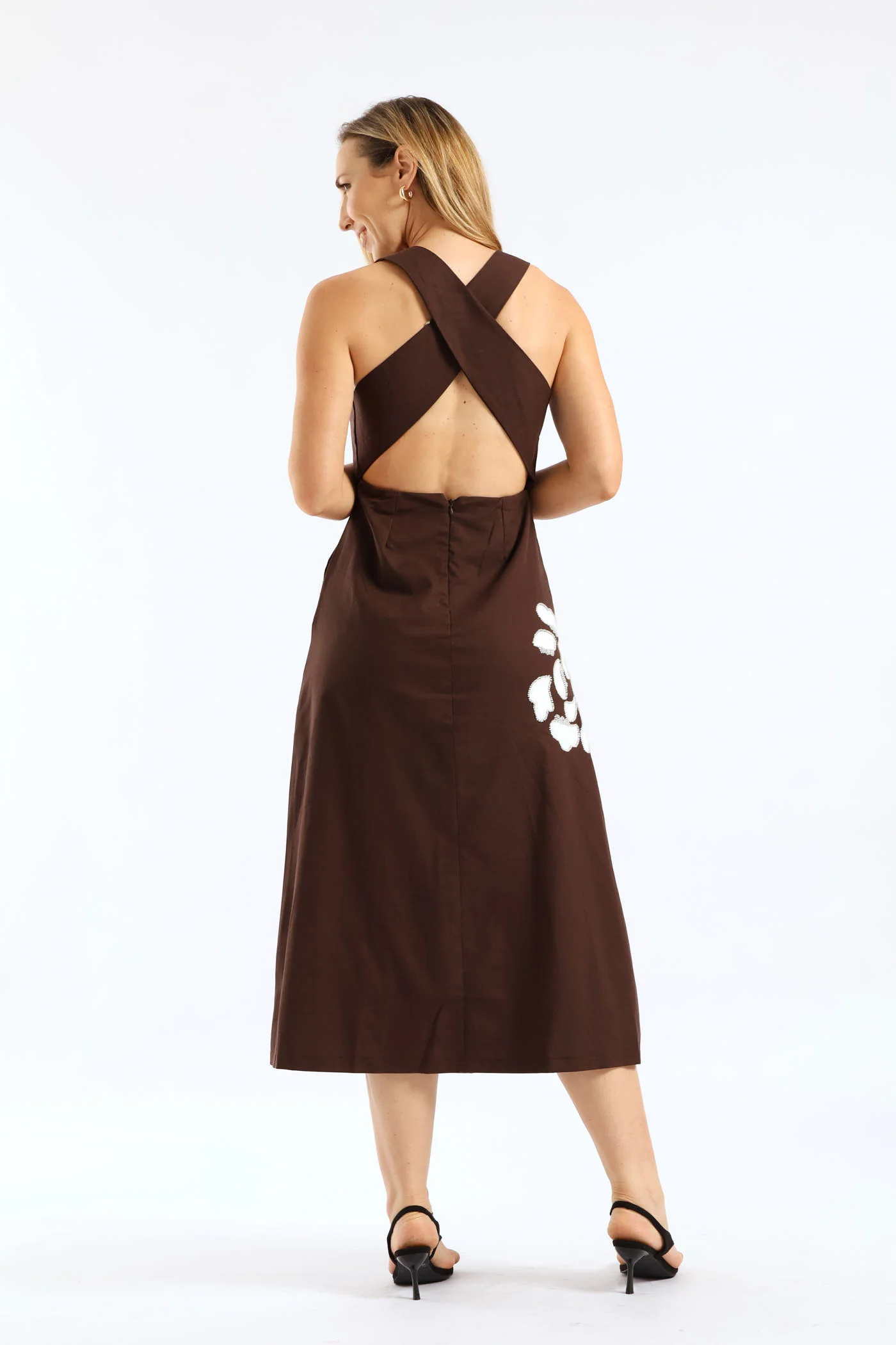 Cross Back Beaded Applique Midi Pinafore Dress - Dark Chocolate - Image 5