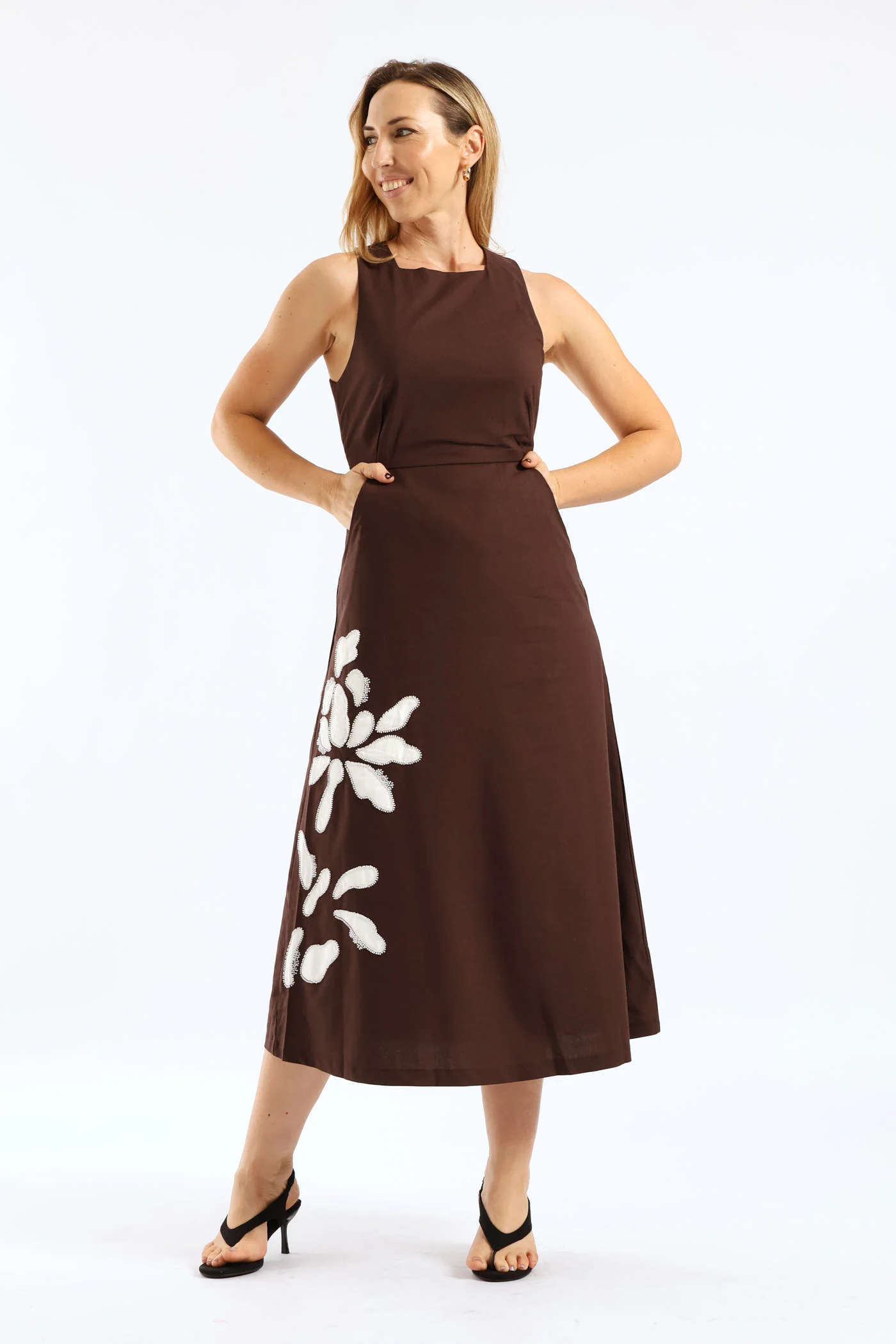 Cross Back Beaded Applique Midi Pinafore Dress - Dark Chocolate - Image 6