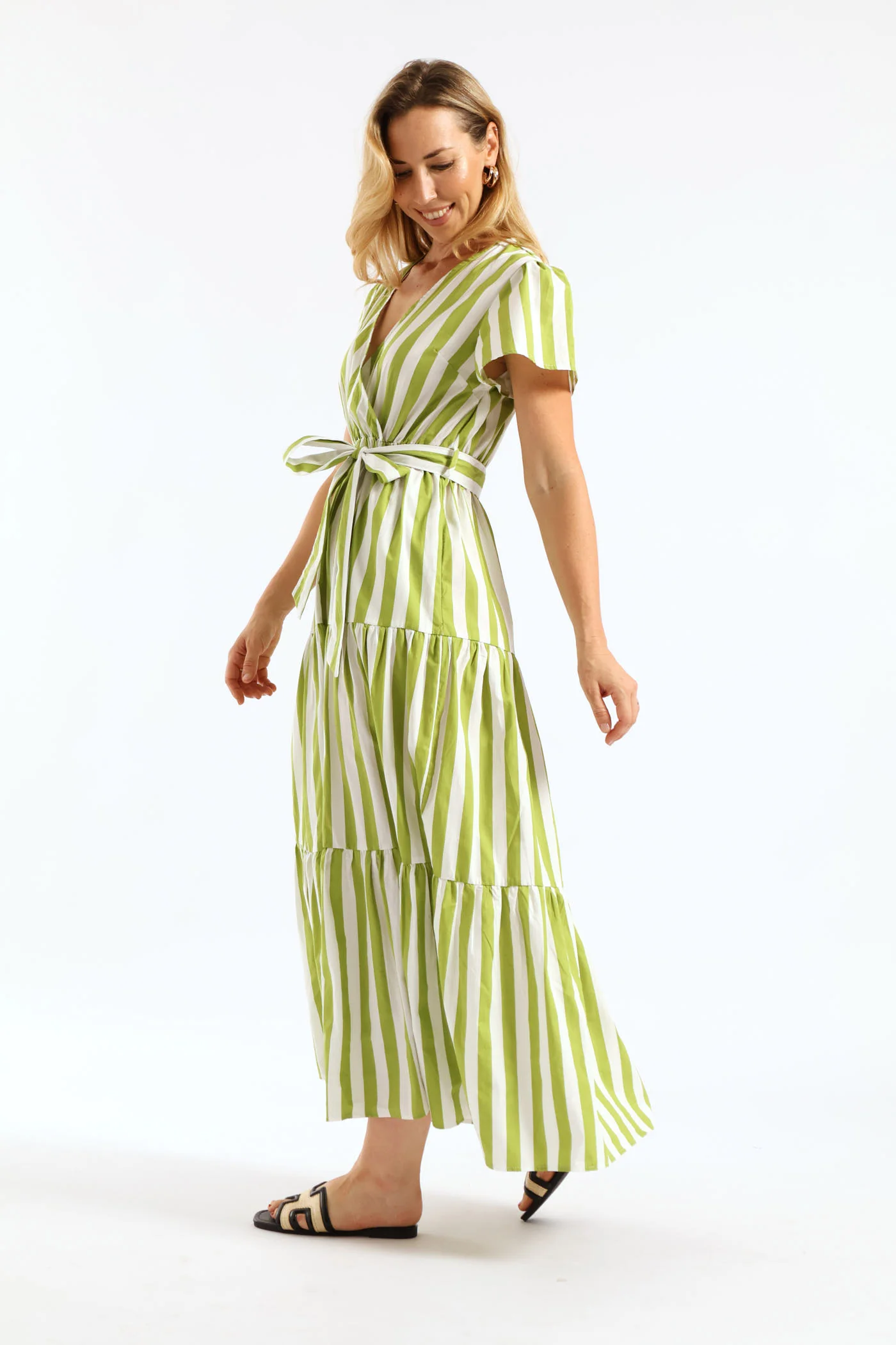Crossover Belted Tiered Poplin Maxi Dress - Chartreuse/White - Image 2