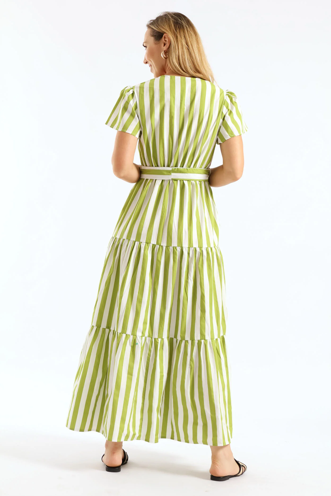 Crossover Belted Tiered Poplin Maxi Dress - Chartreuse/White - Image 4
