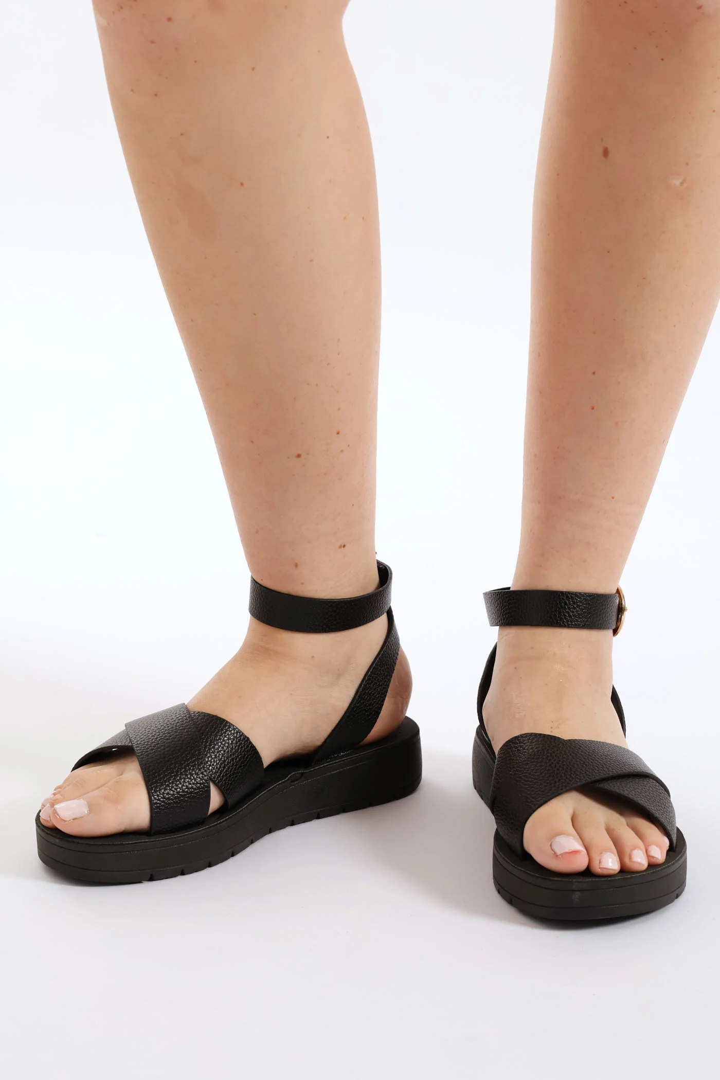 Crosstrap Sandal With Ankle Buckle On Comfort Outsole - Black - Image 3